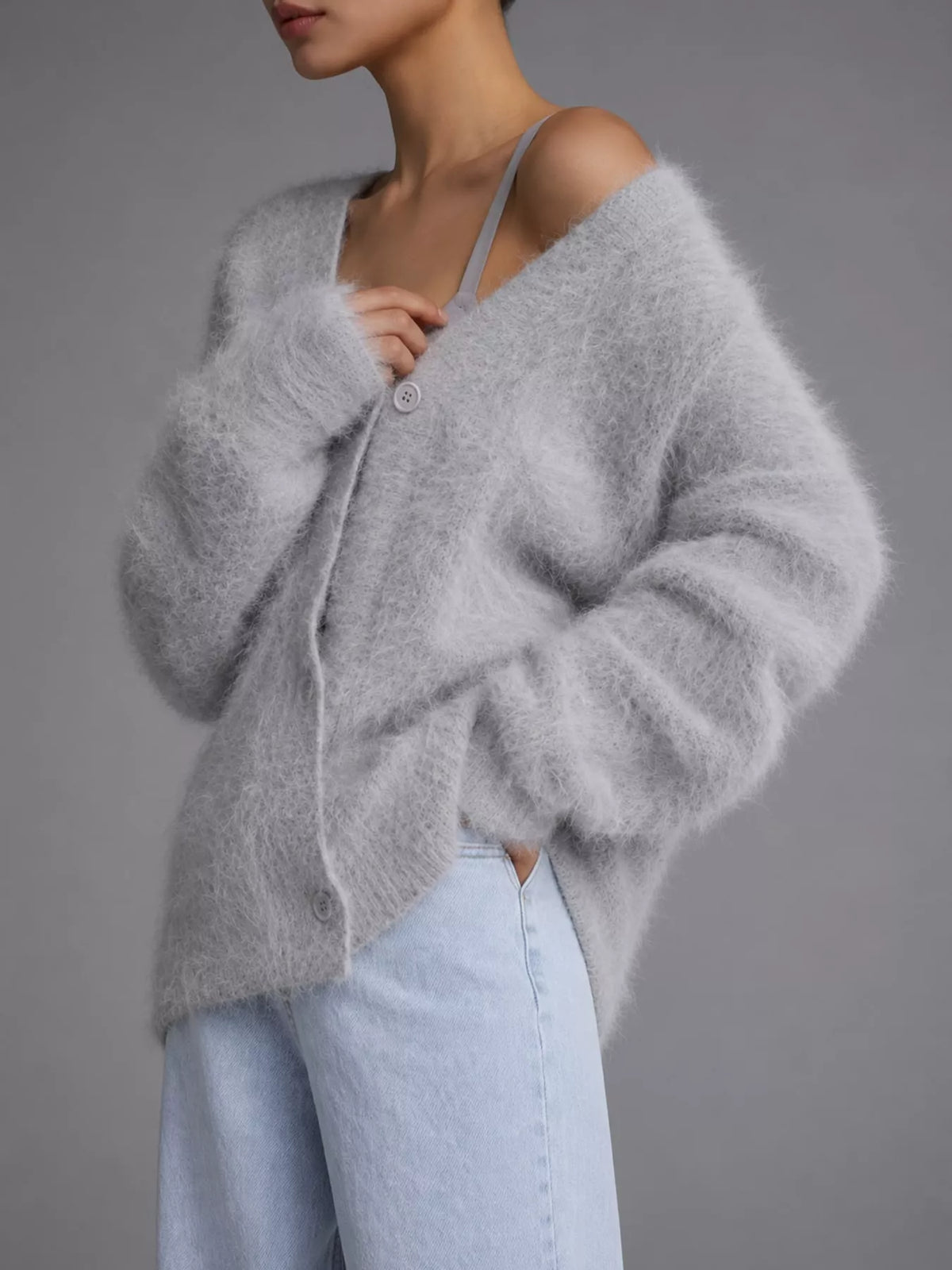 Light gray fuzzy v-neck button-down cardigan