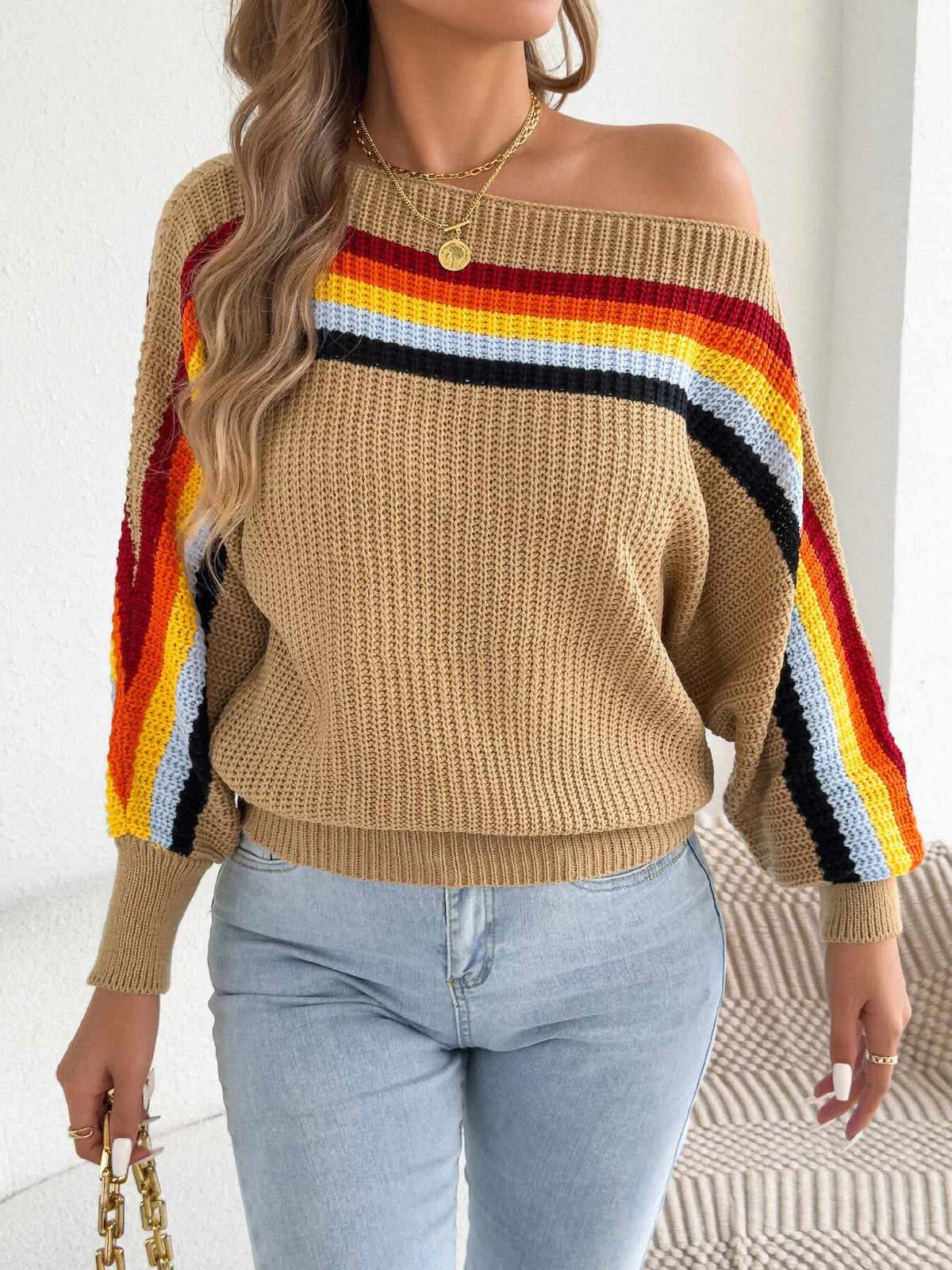 Striped Knit Boat Neck Sweater in camel, front view