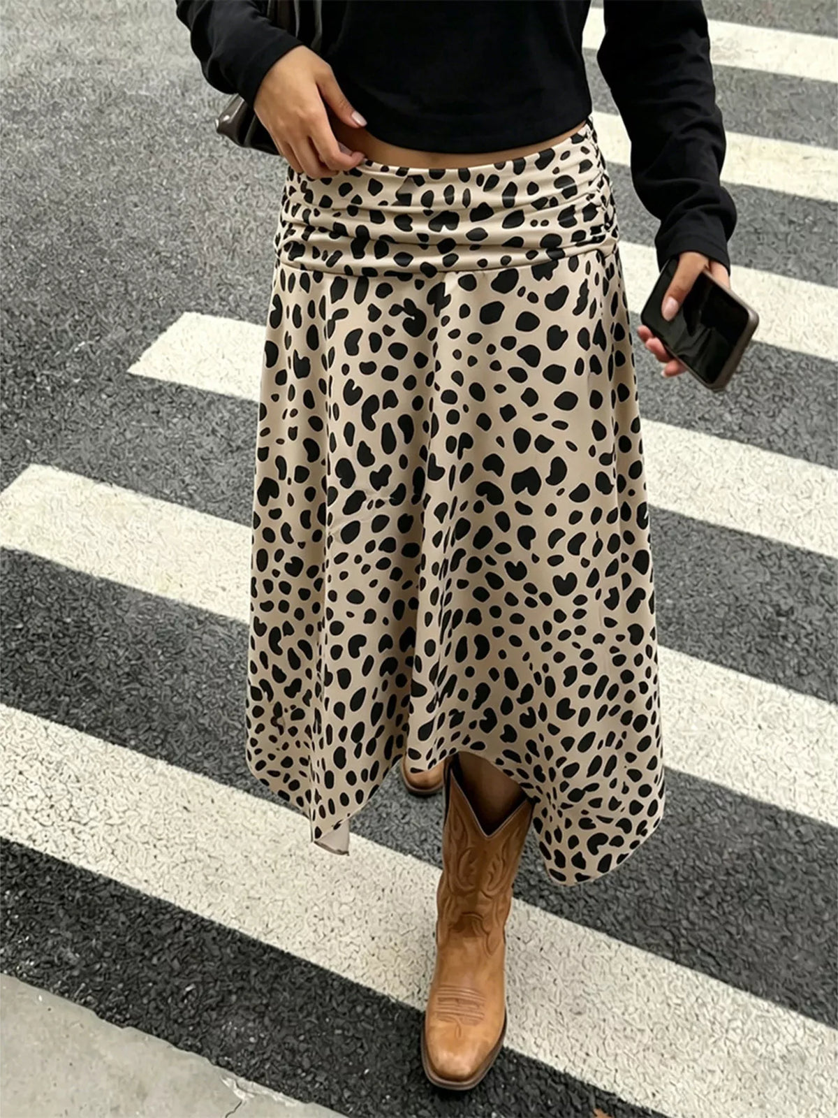 Trendsi Leopard Print Asymmetrical Hem Midi Skirt -
