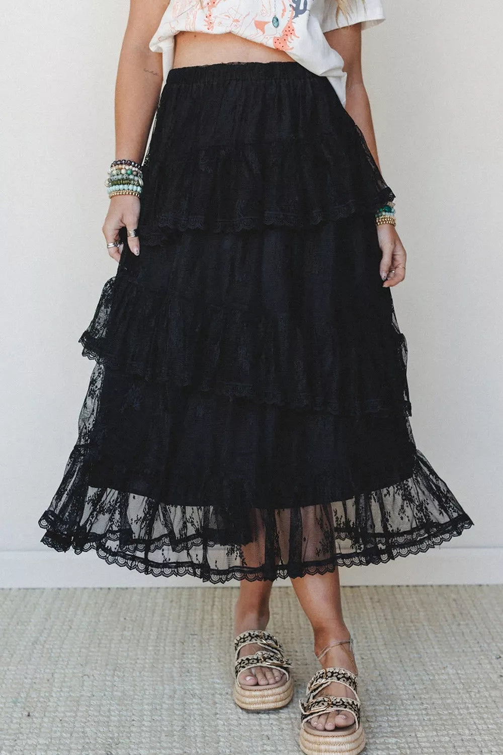 Trendsi Elegant Ruffle Lace Tiered Skirt -