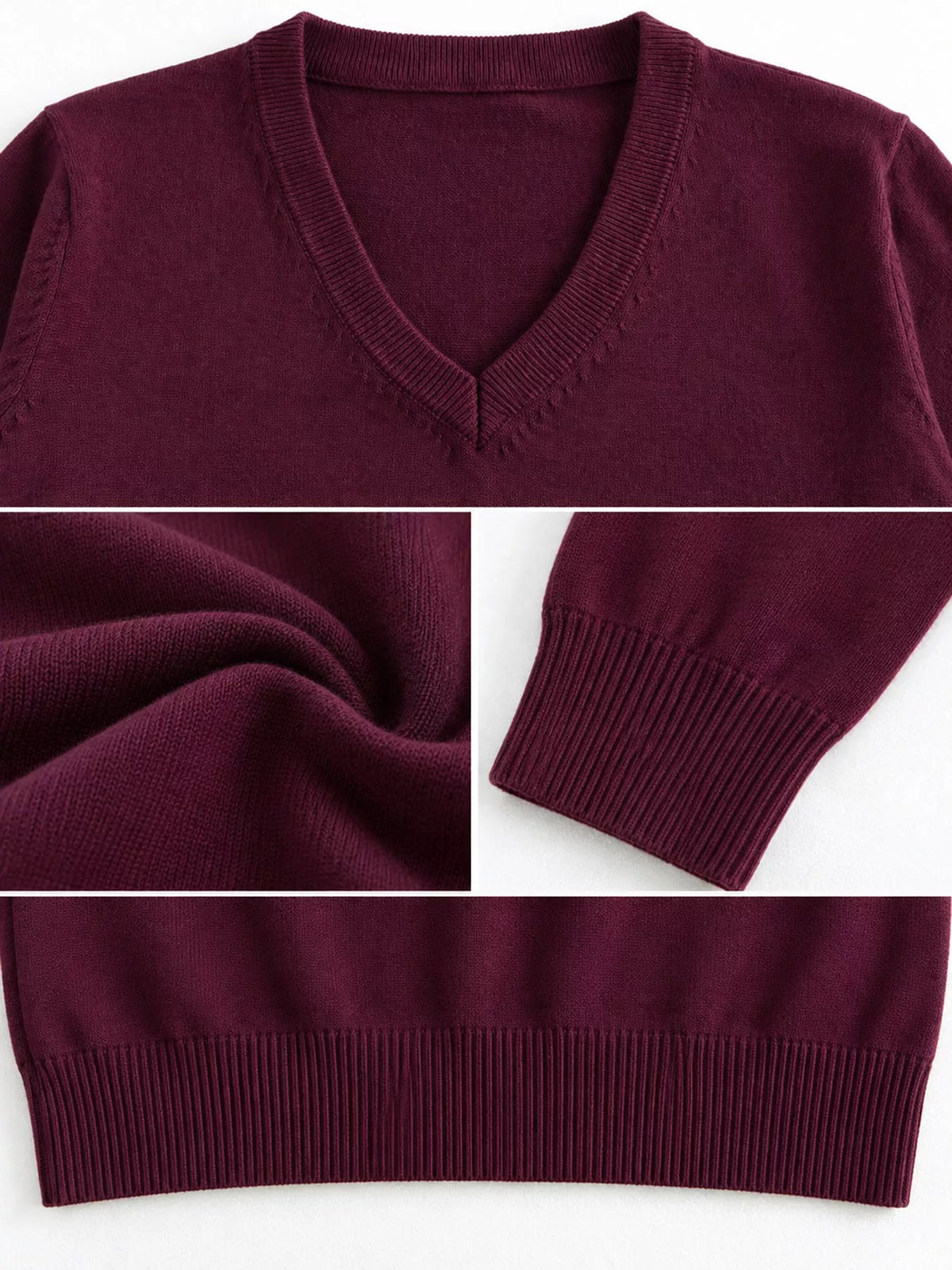 Women's V-Neck Long Sleeve Sweater in burgundy — detail collage view