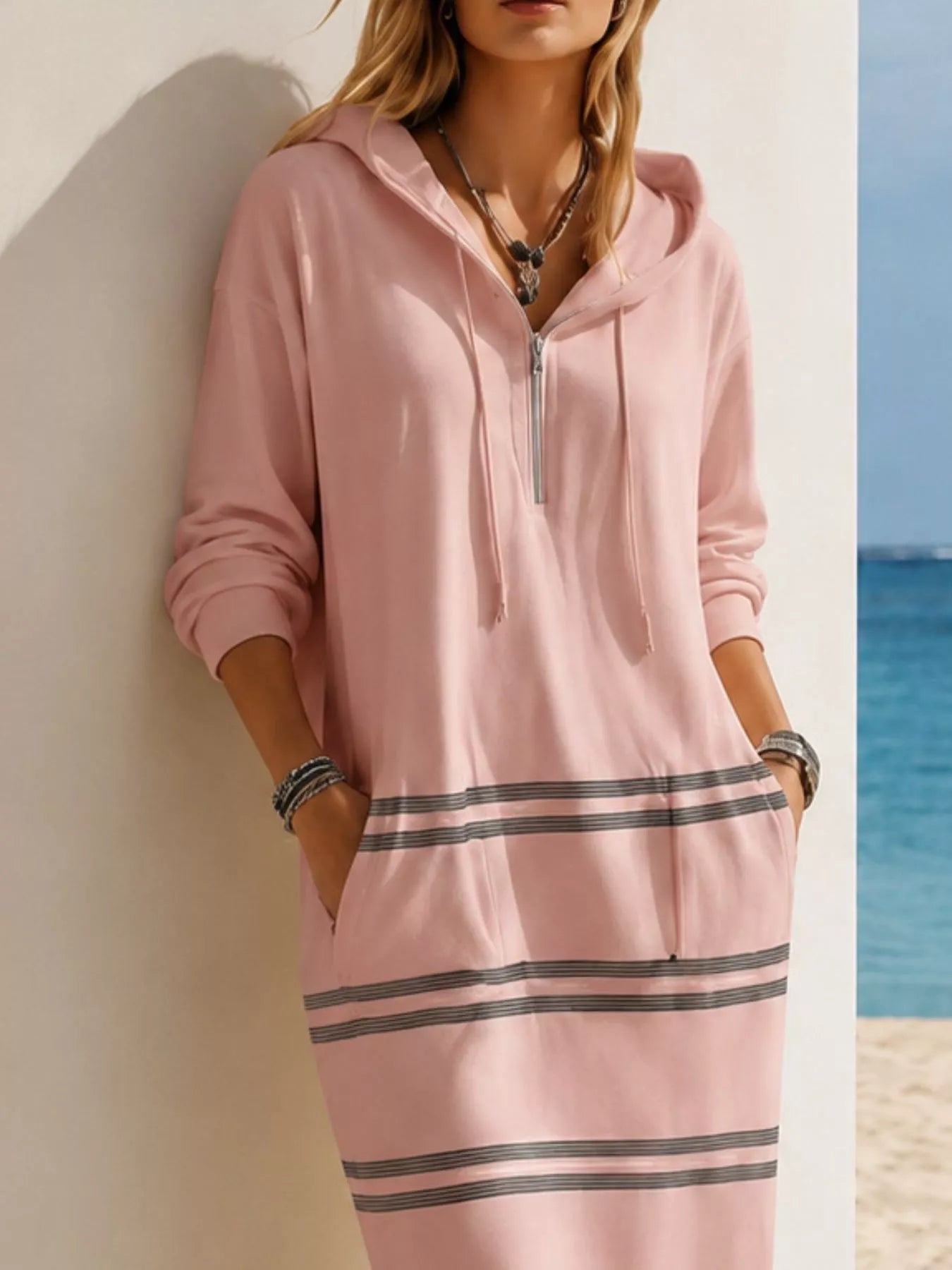 Trendsi Casual Striped Drawstring Hooded Dress -