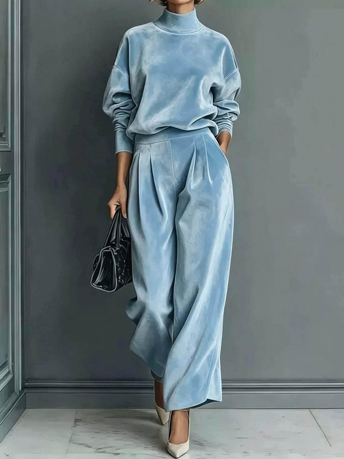 Light blue velvet mock neck top and wide-leg pants set