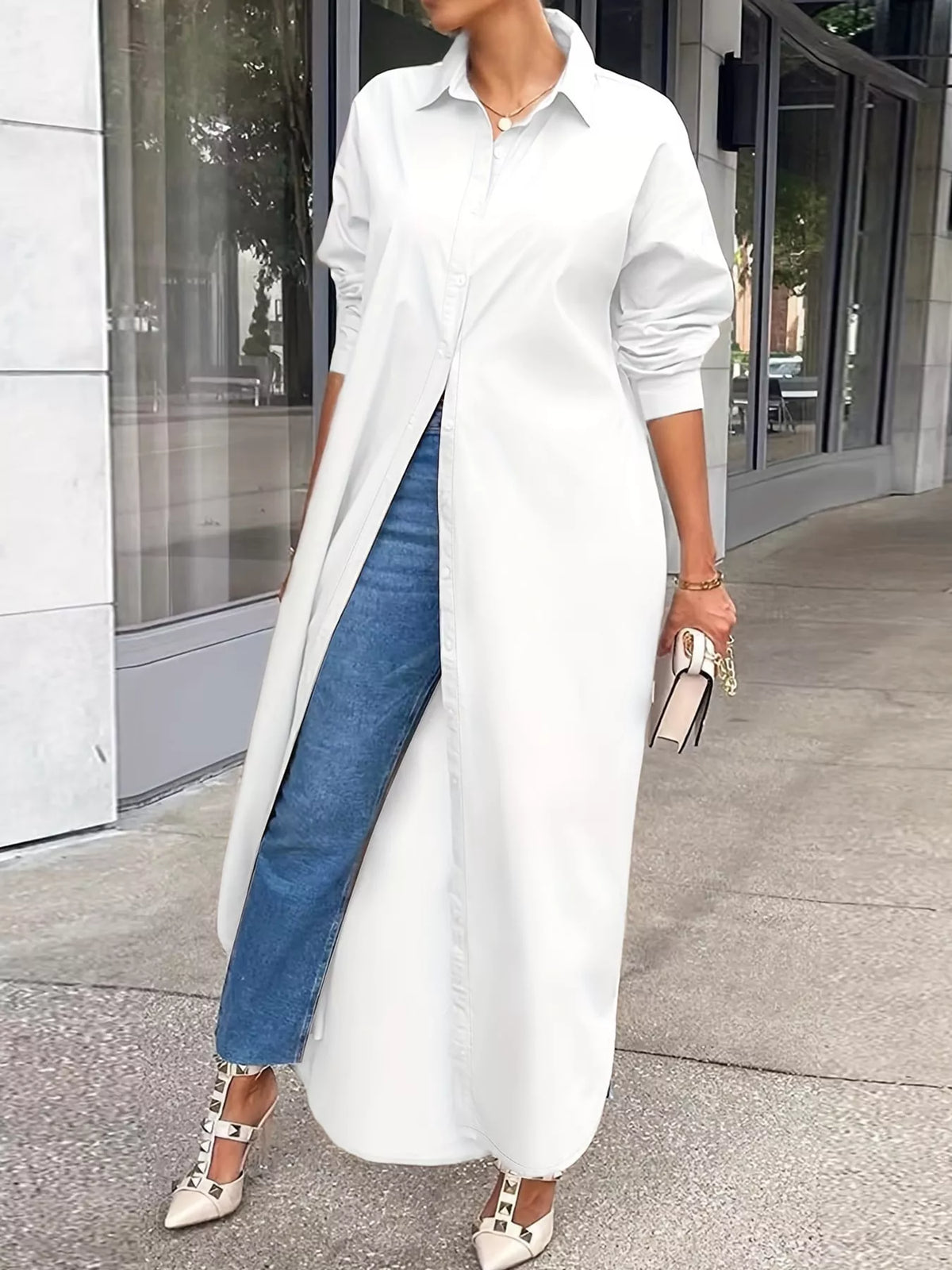 Longline button-down shirt, white front with rolled sleeves