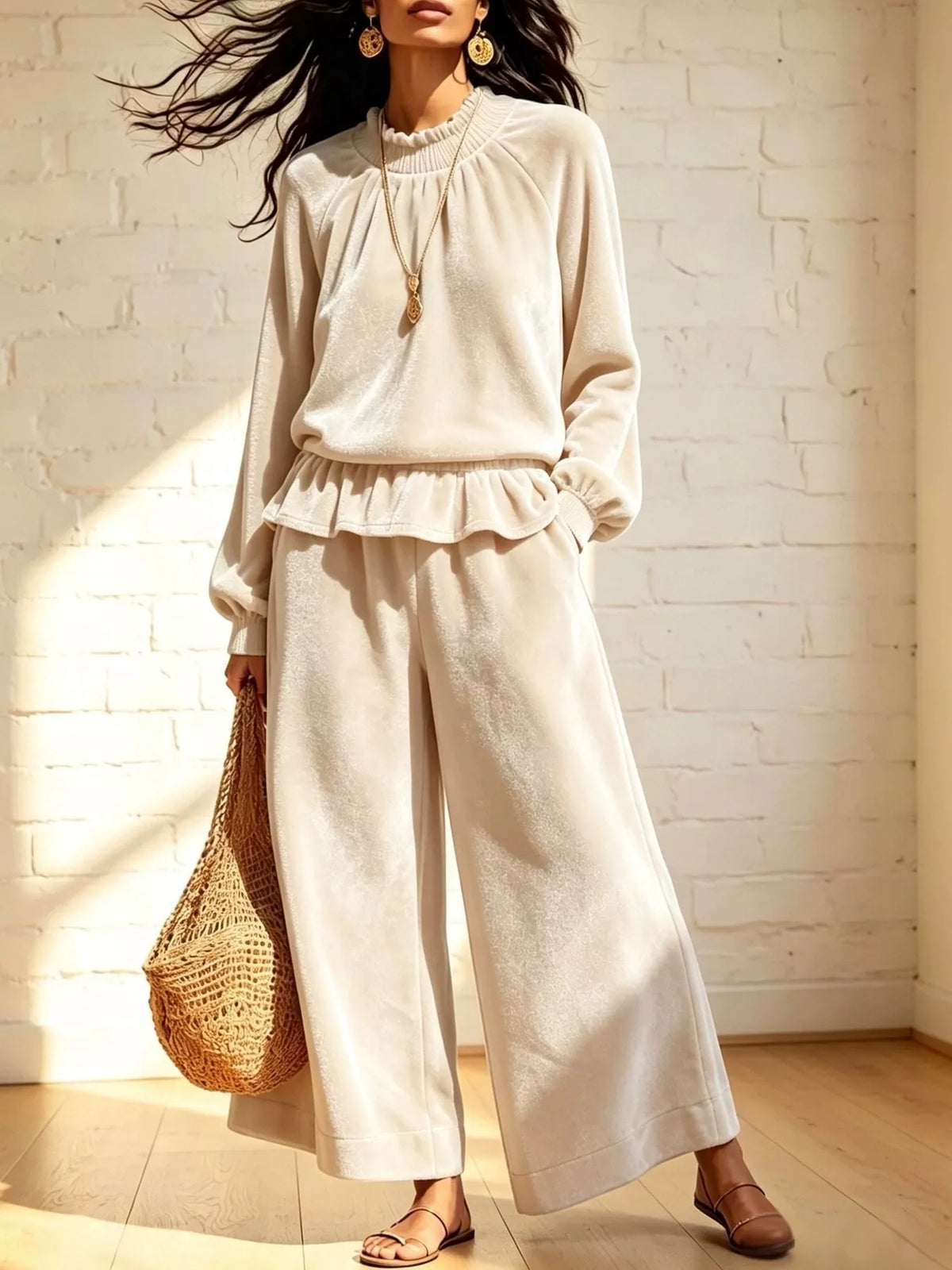Cream velvet ruffled hem top and wide-leg pants set — front view