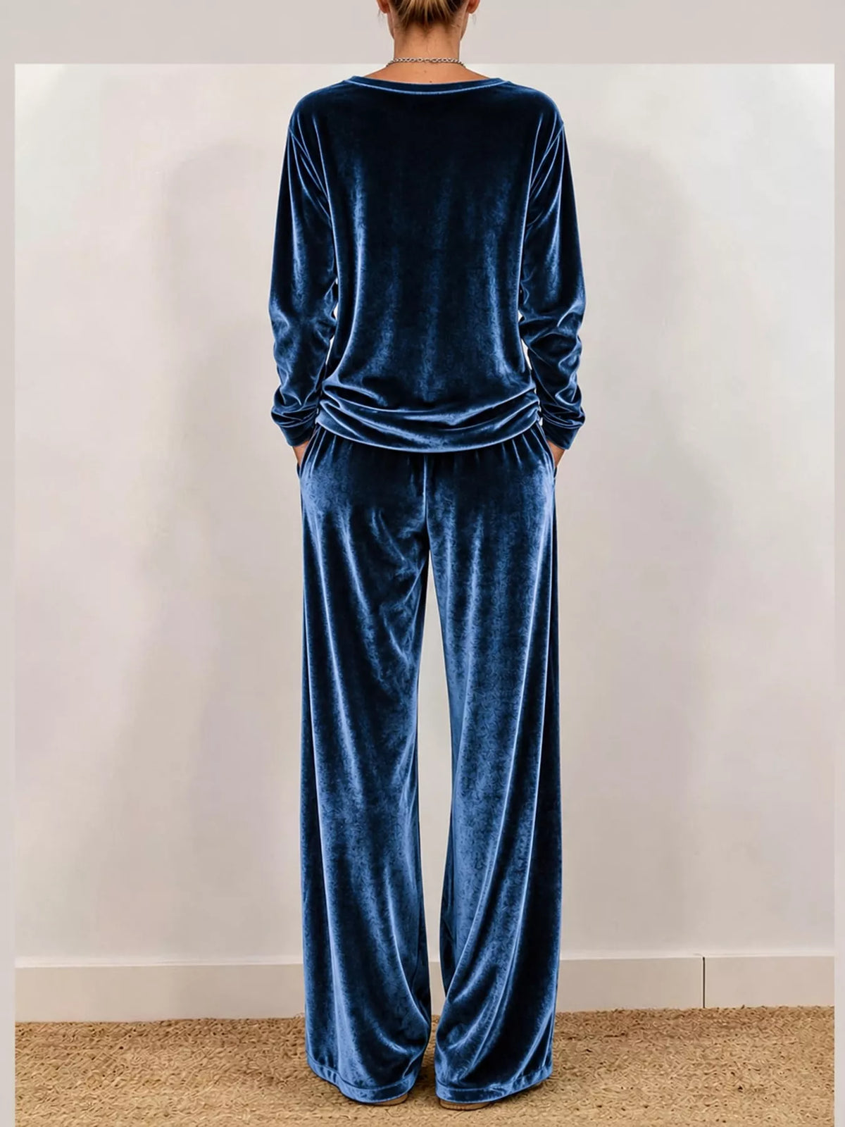 Velvet Long Sleeve Top and Wide-Leg Pants Set — back view