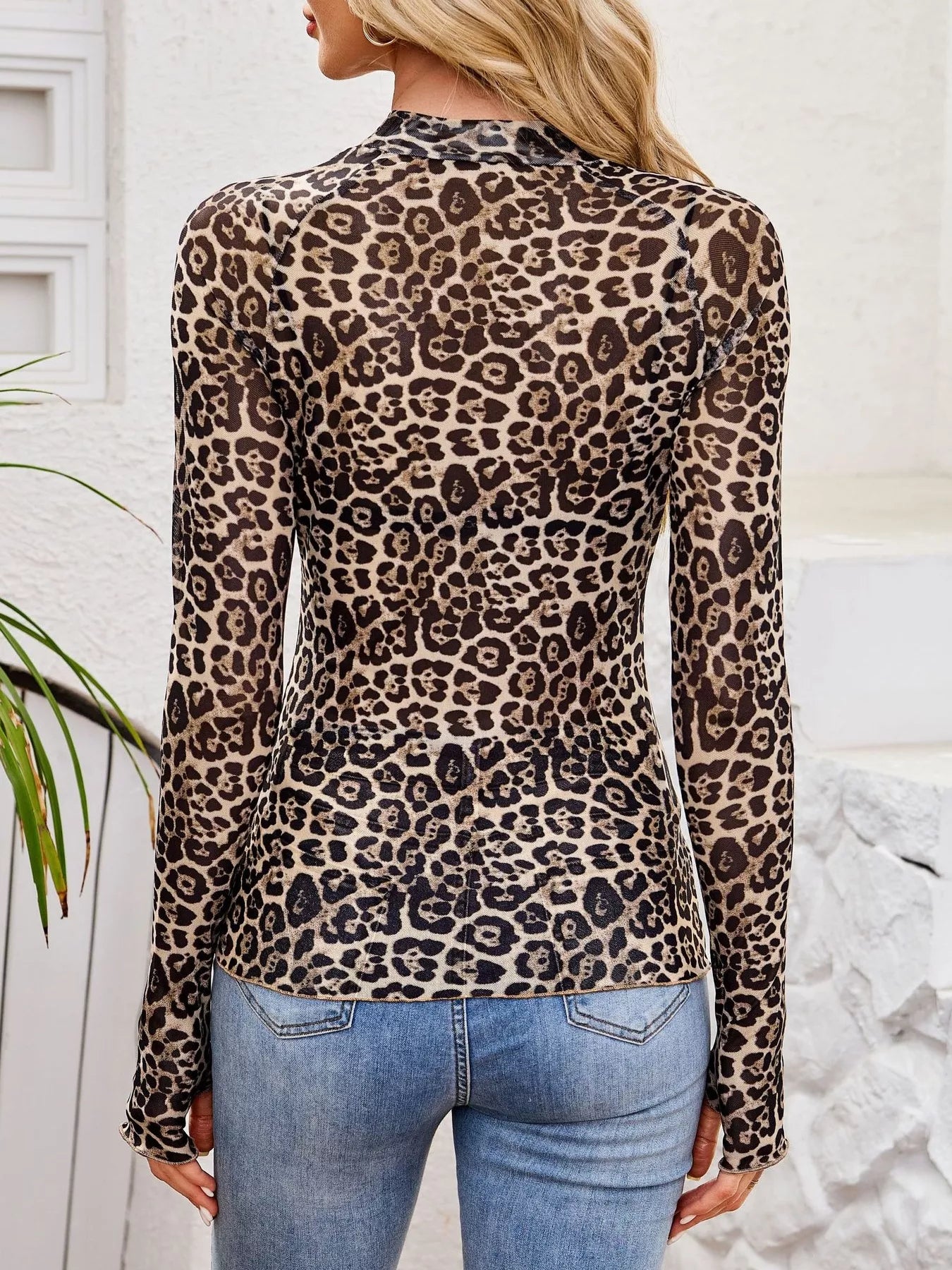 Trendsi Sheer Mock Neck Long Sleeve Top -