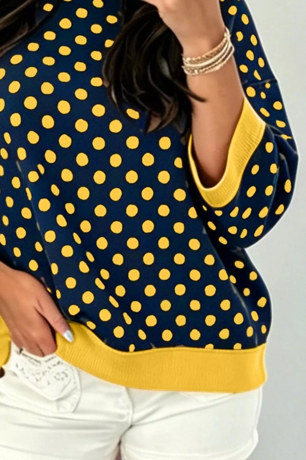 Women's Polka Dot Sweatshirt with Contrast Trim in Dark Navy, back view