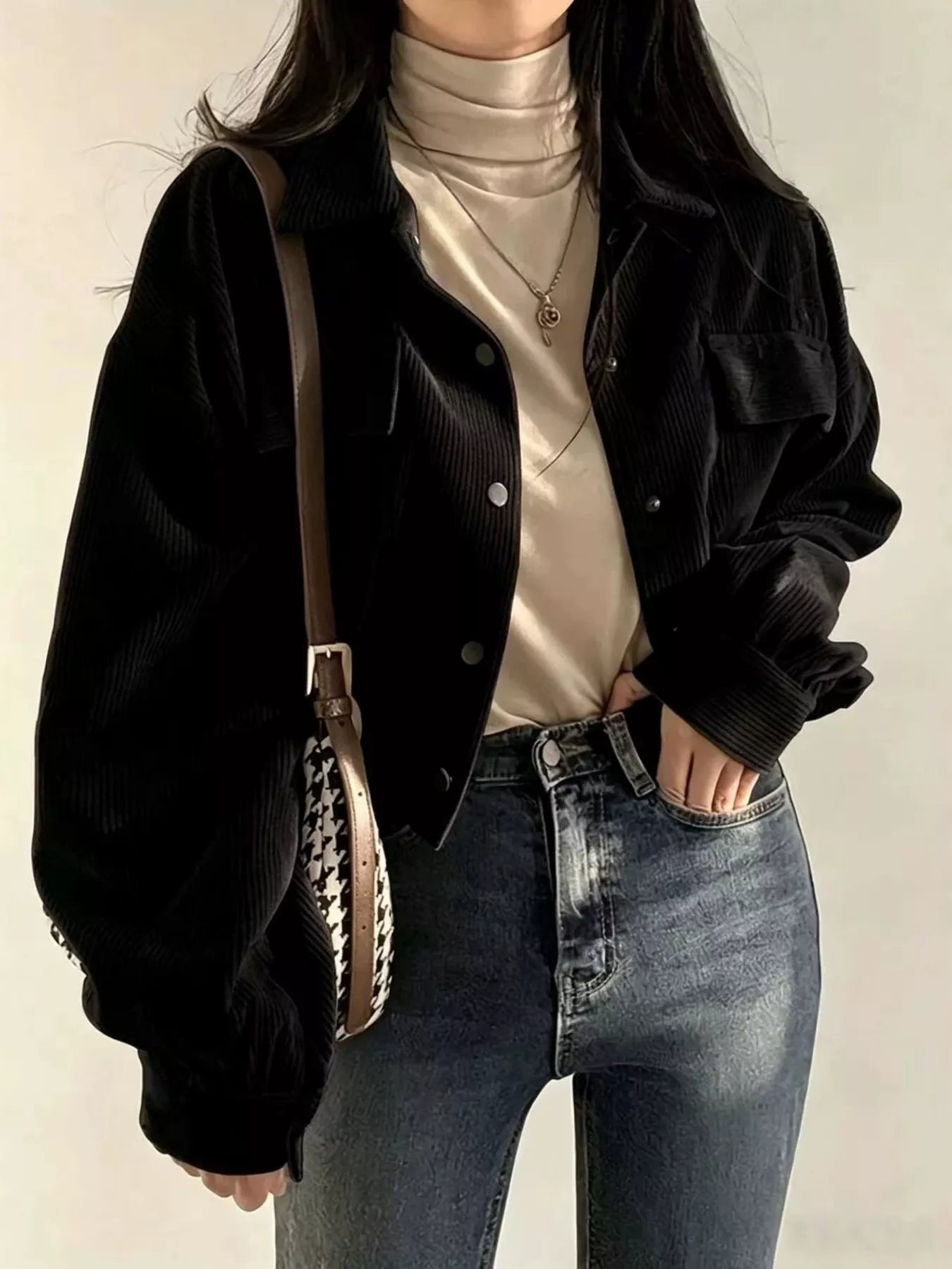 Trendsi Corduroy Snap Down Cropped Jacket -