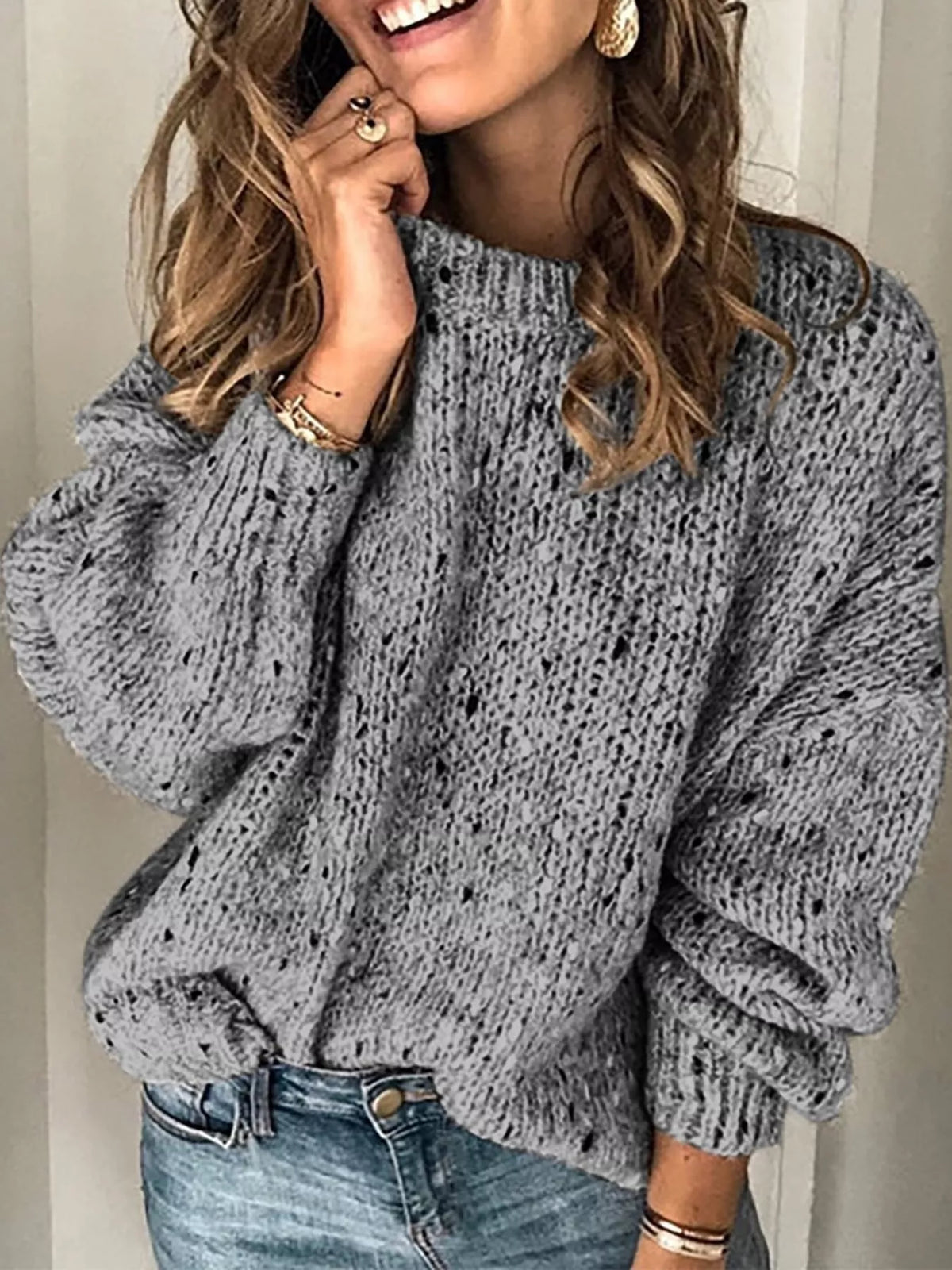 Gray chunky knit round neck sweater, front view