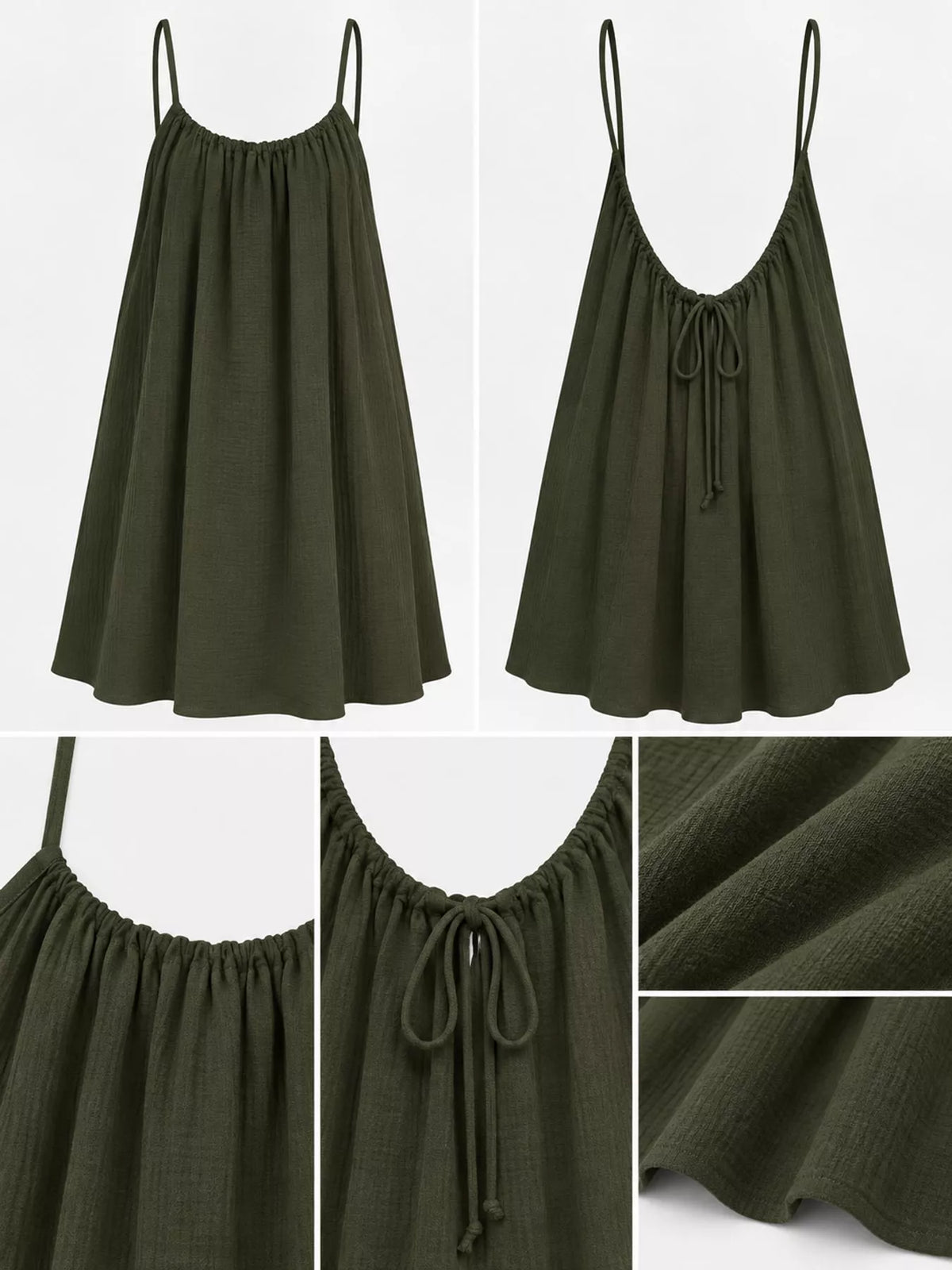 Dark olive spaghetti strap A-line mini dress with open tie back, front, back and construction details