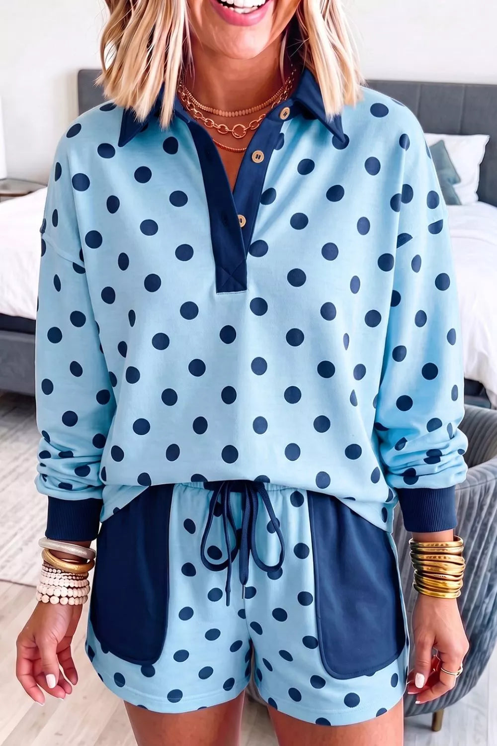 Polka-dot drop-shoulder polo and shorts set