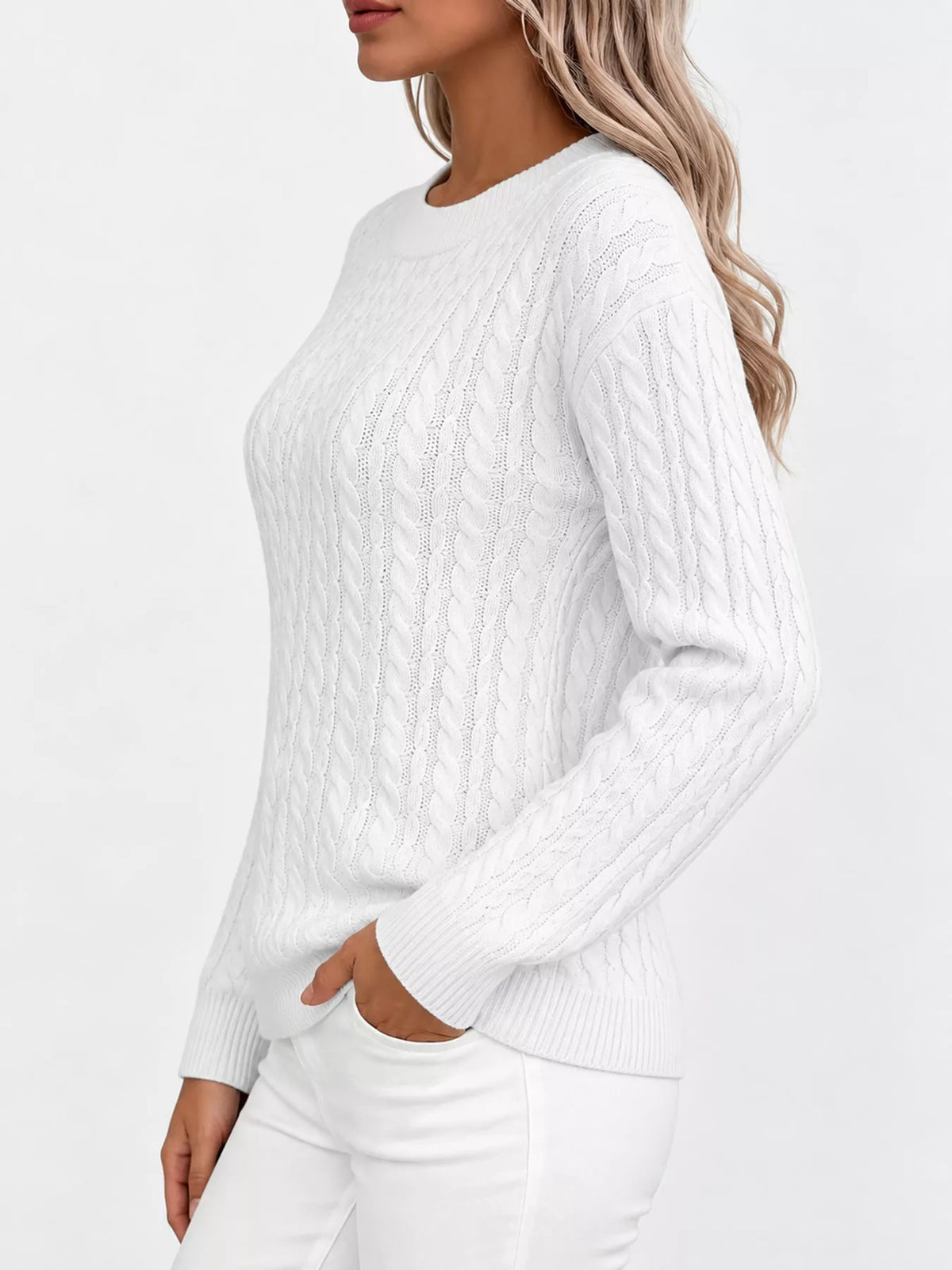 White cable knit round neck sweater