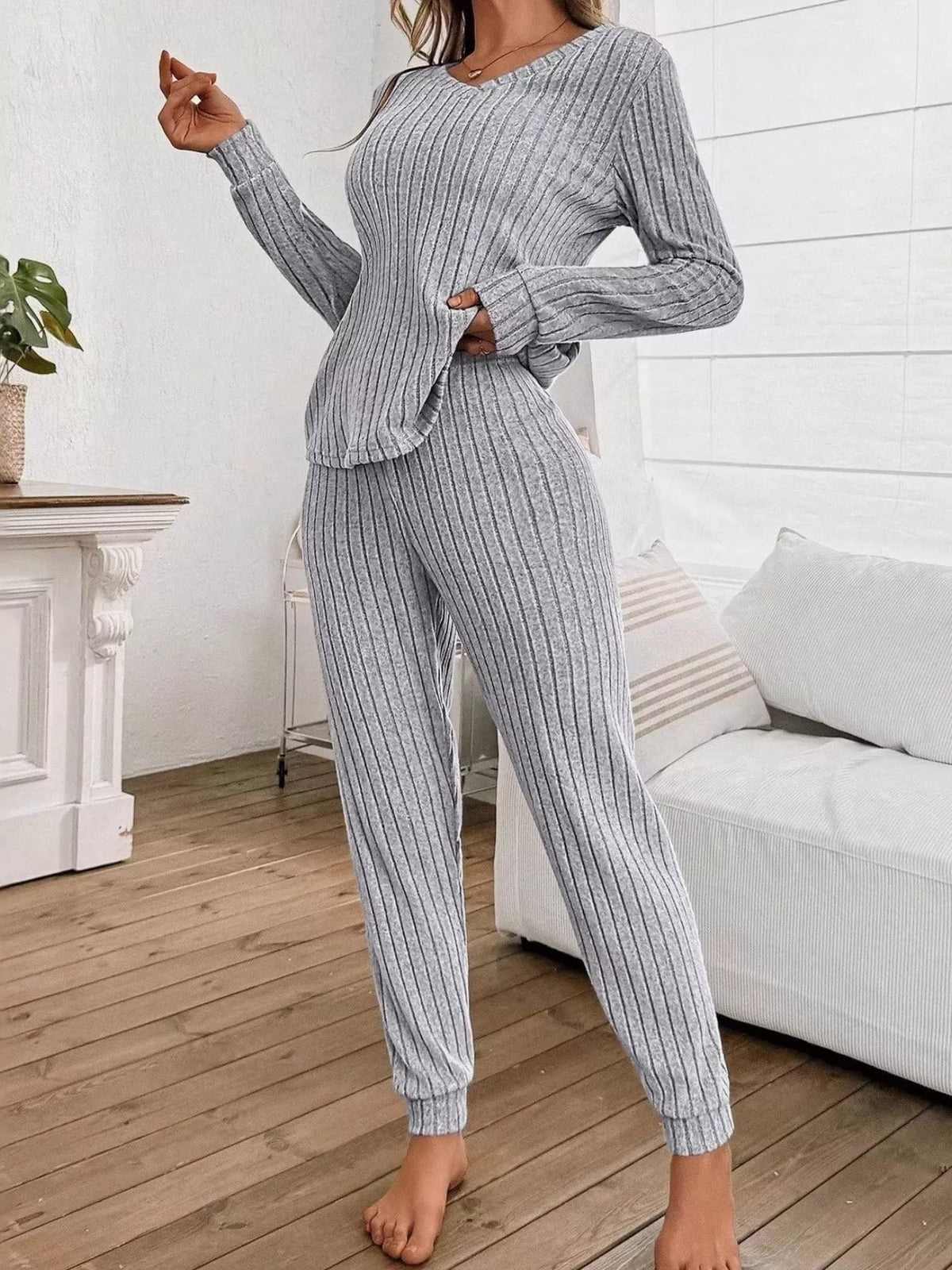 Ribbed Knit Long Sleeve Top and Pants Loungewear Set — front view