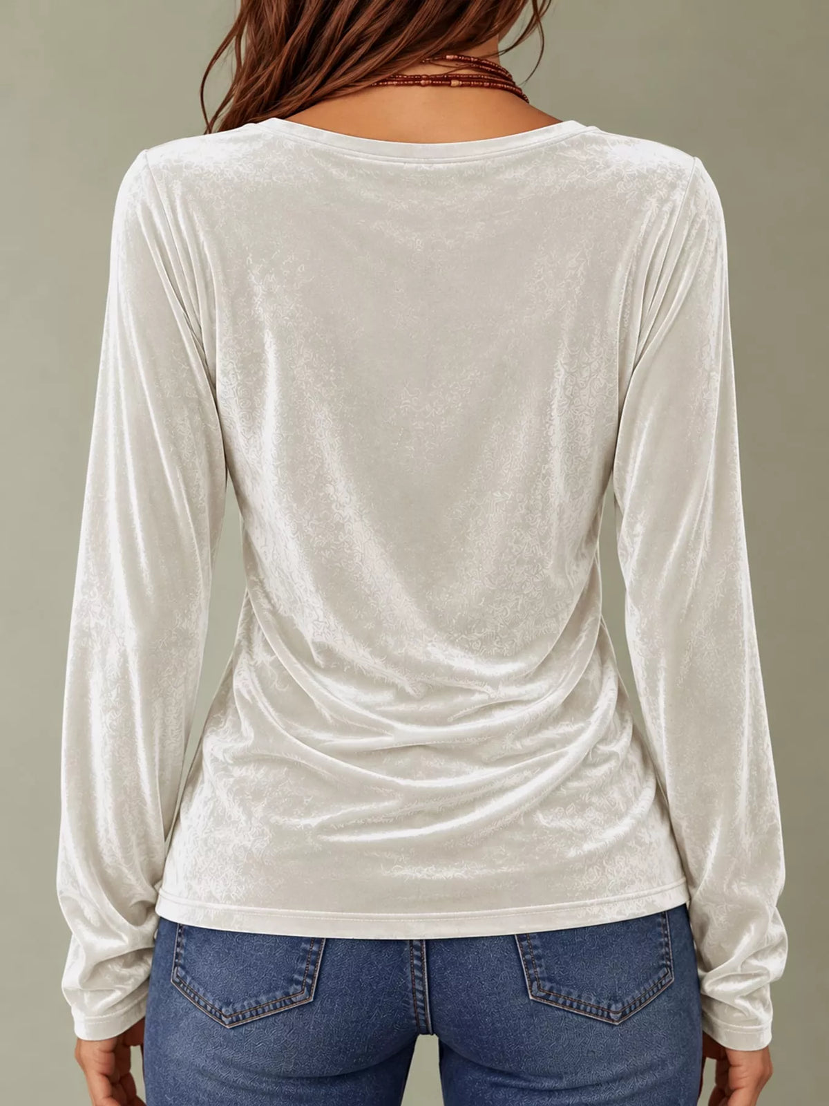 Women's V-Neck Velvet Long Sleeve T-Shirt in white — back view