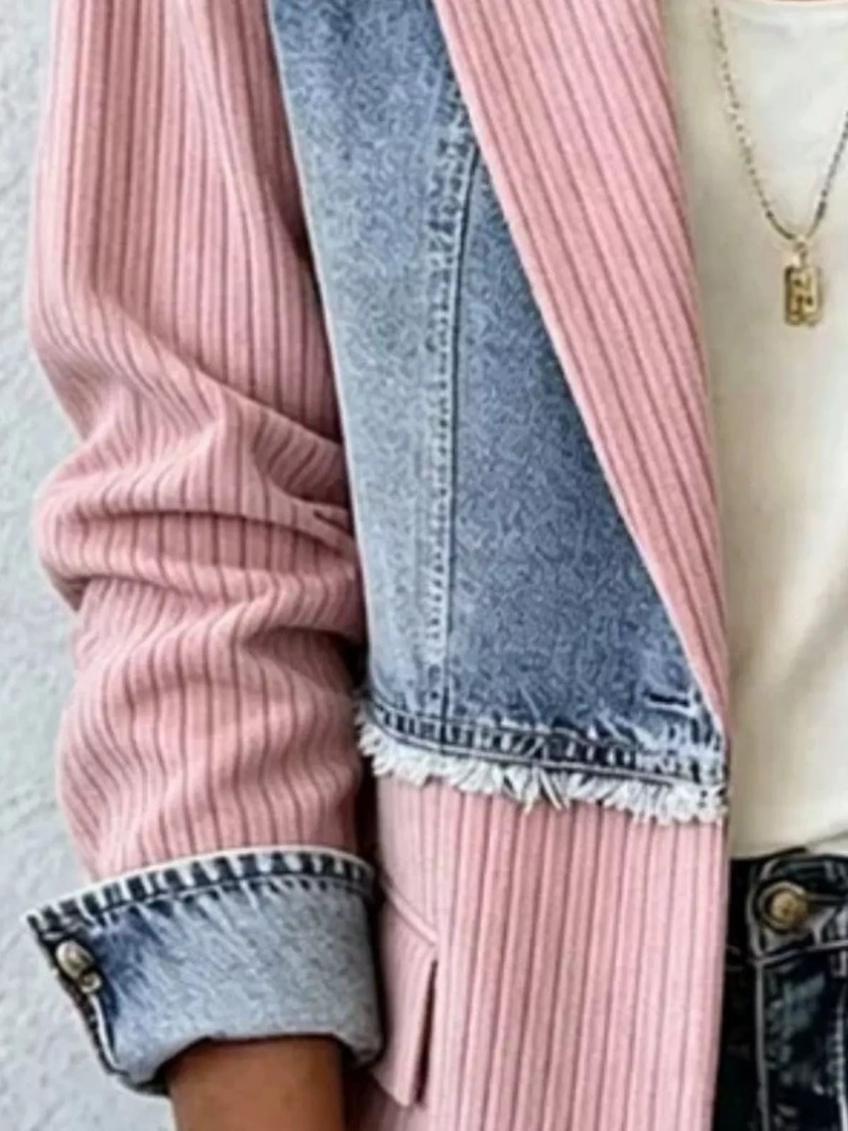Pink and blue ribbed blazer with contrasting panels, sleeve and panel detail