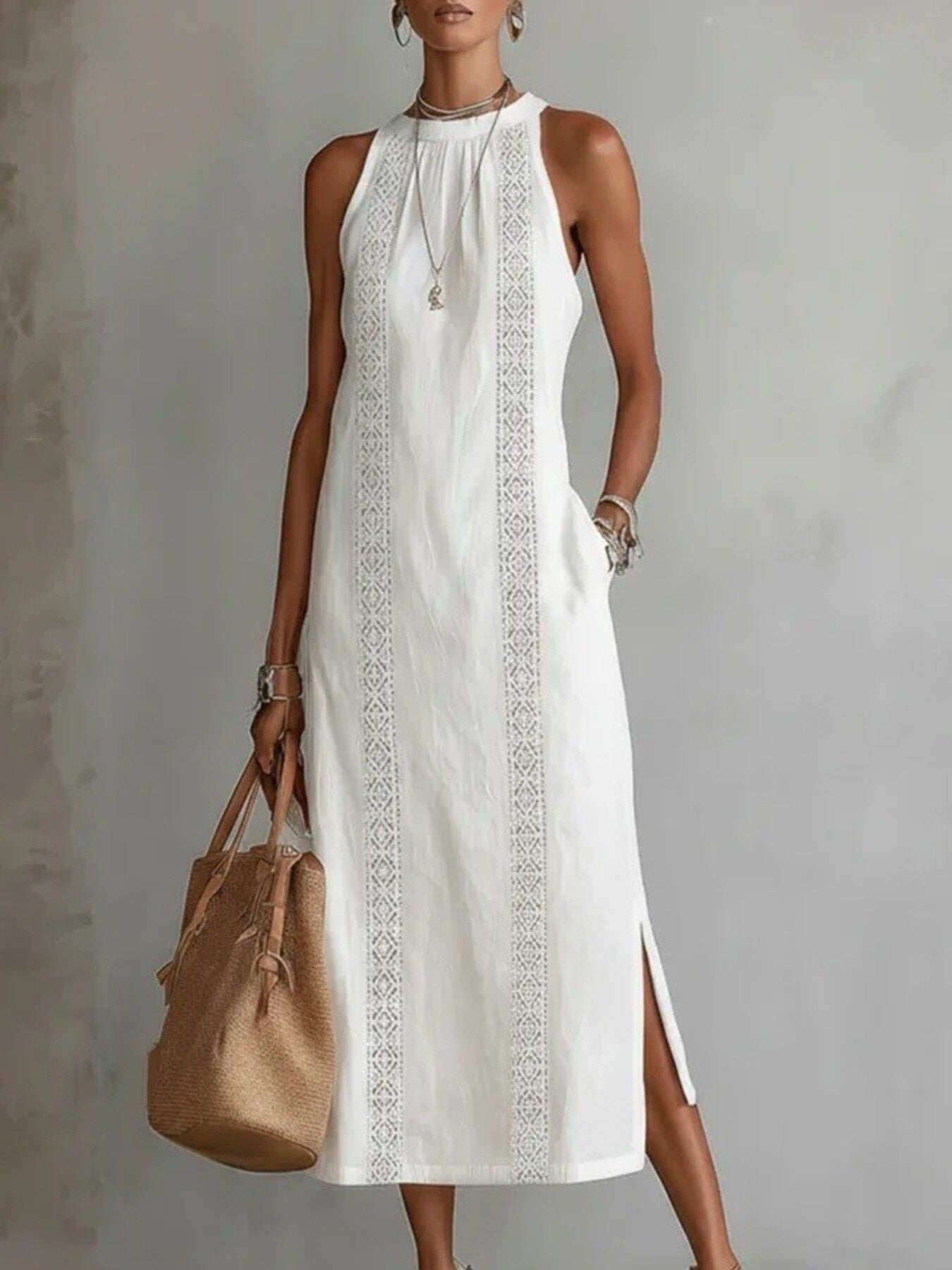 Trendsi Side Slit Sleeveless Hollow-Out Trimmed Midi Dress -