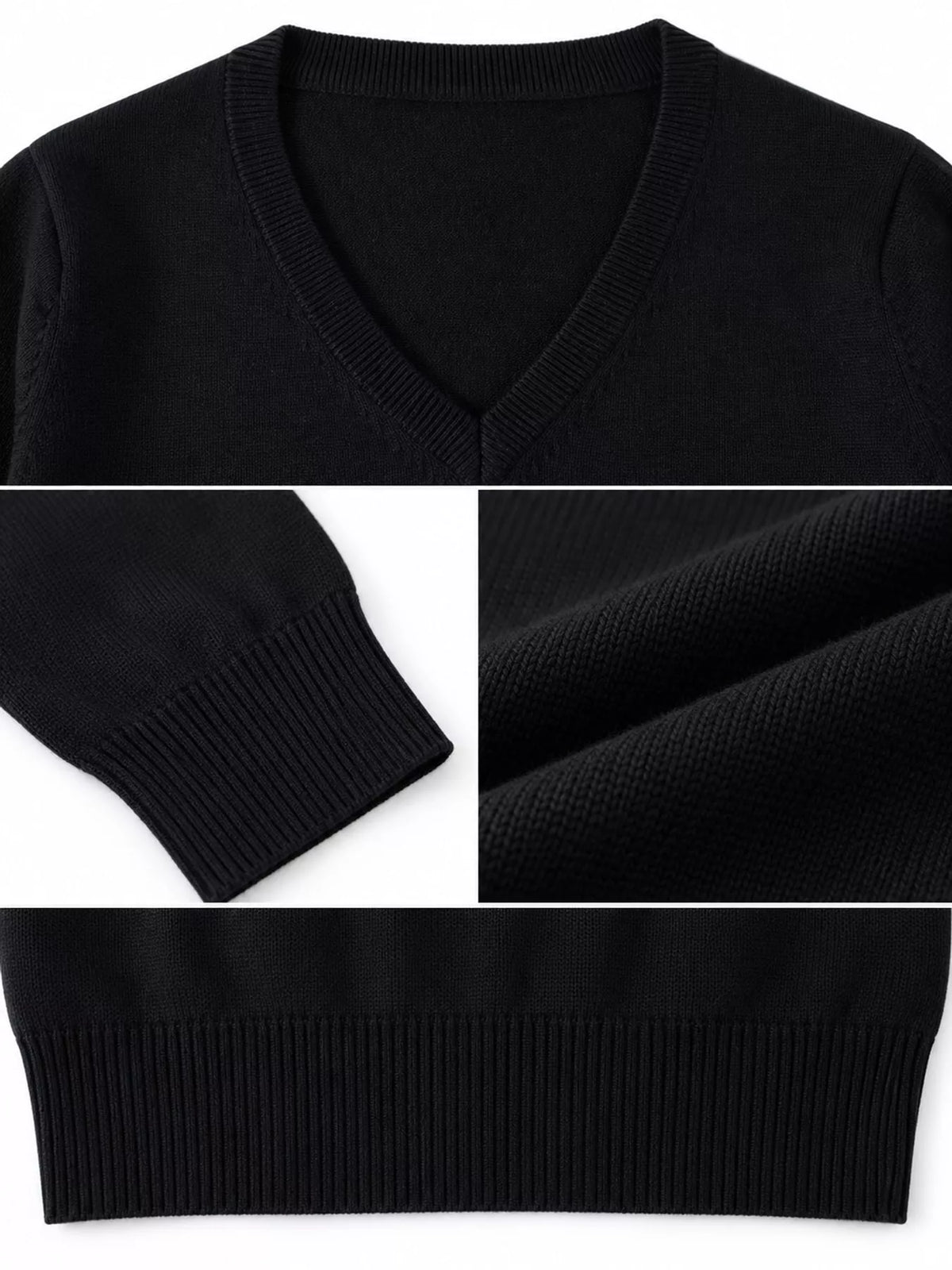 Women's V-Neck Long Sleeve Sweater in black — detail collage view