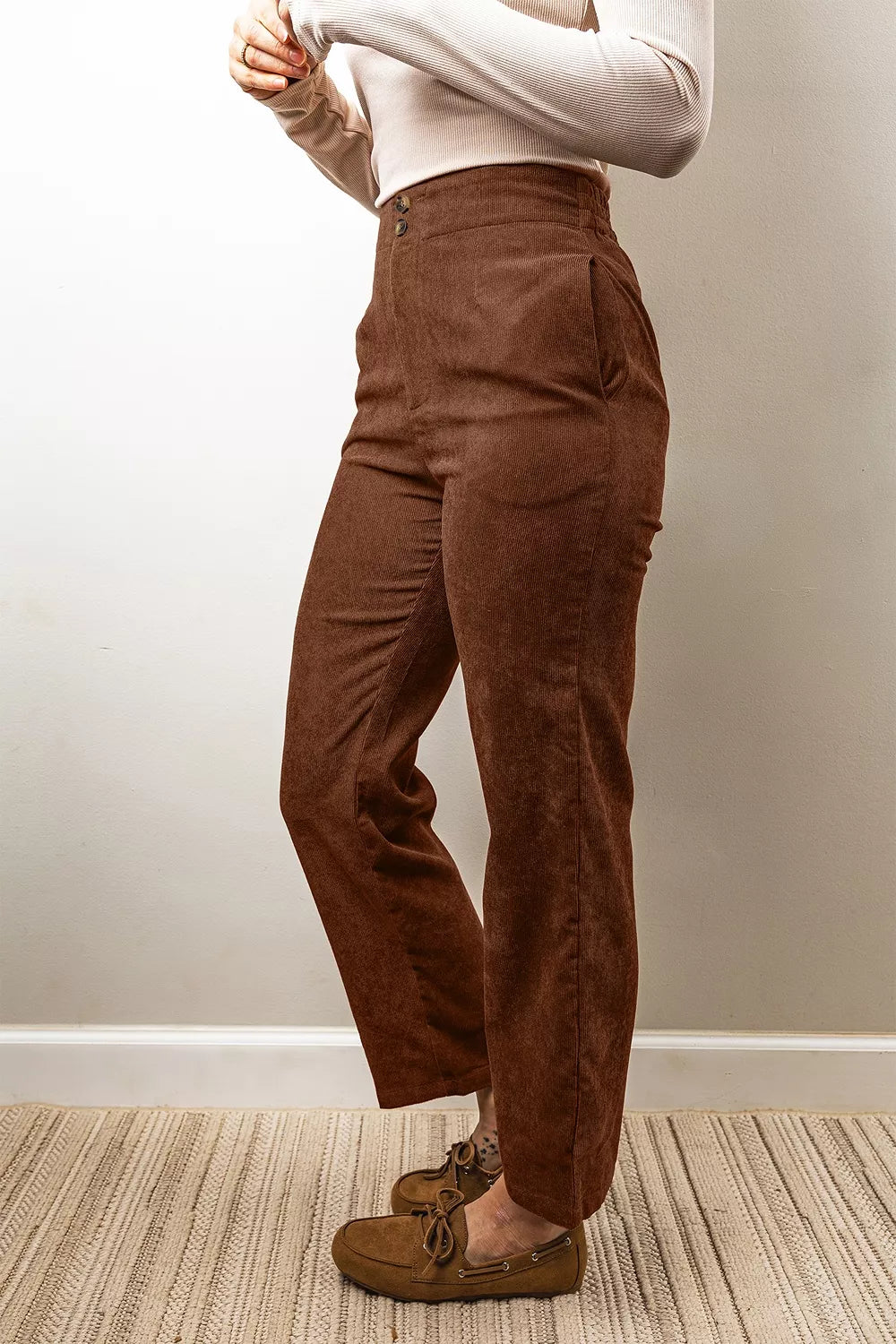 Women's elastic-waist straight-leg ankle-length corduroy pants