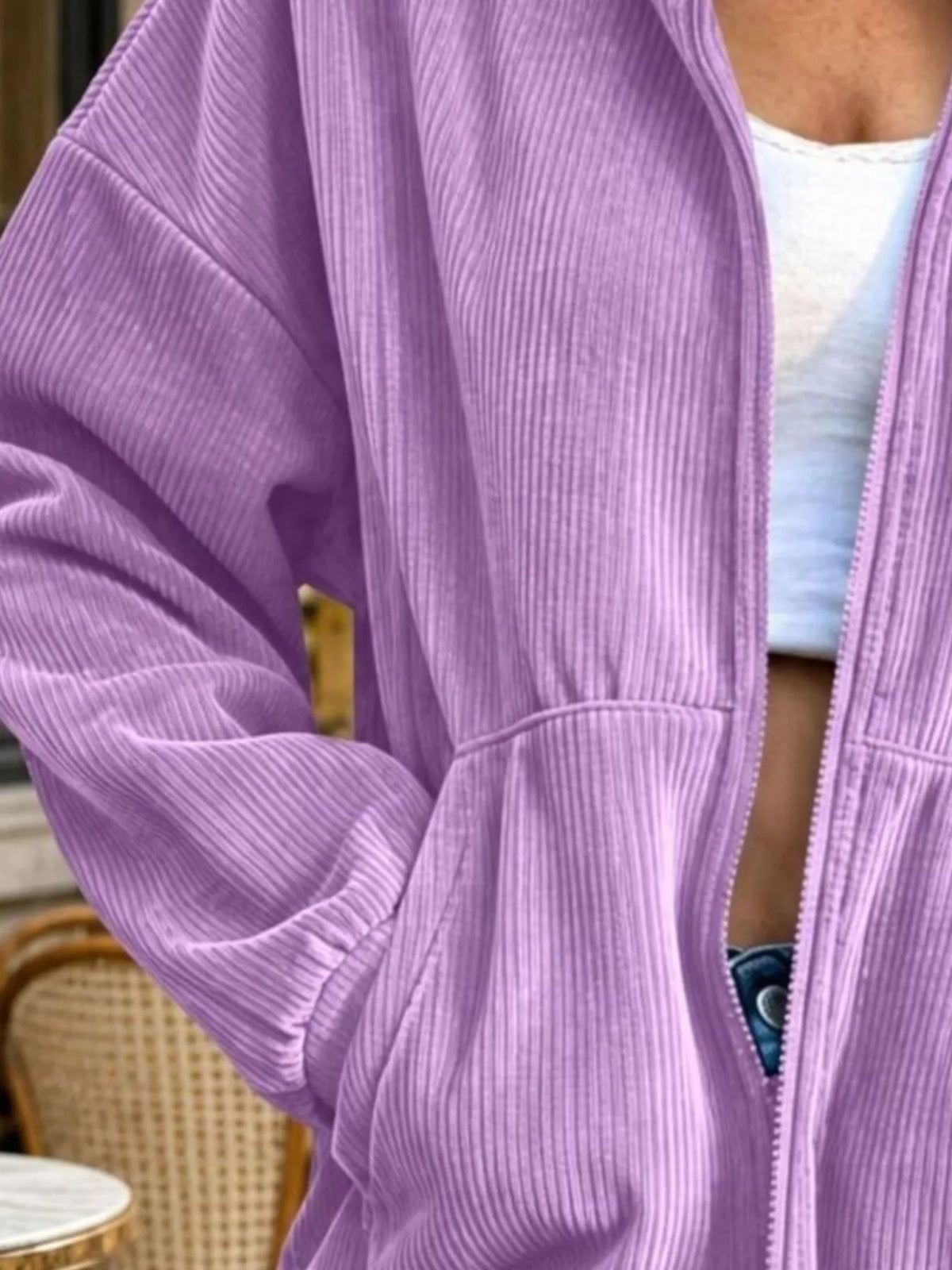 Corduroy Zip-Up Stand Collar Sweatshirt, pocket detail