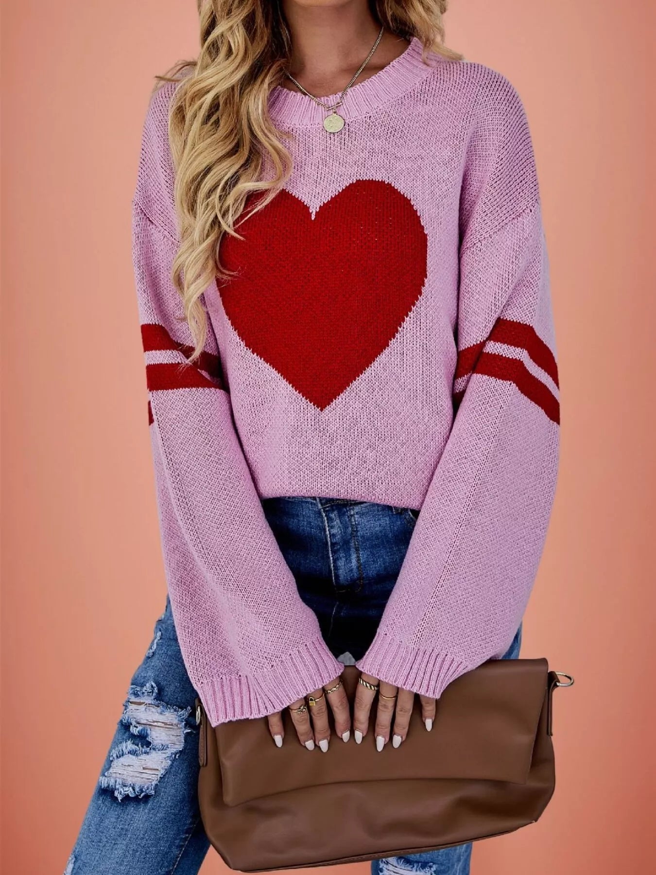 Trendsi Heart Pattern Dropped Shoulder Sweater -