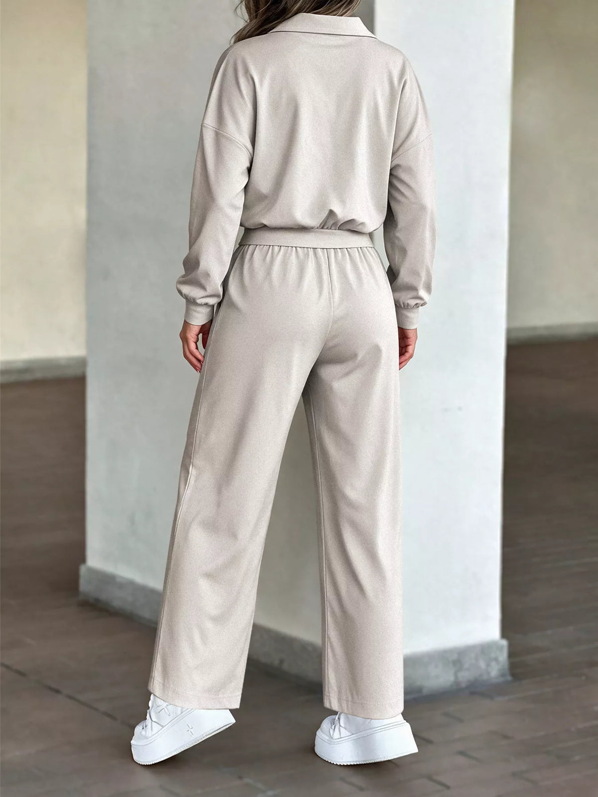 Polo Top and Straight-Leg Pants Set, back view