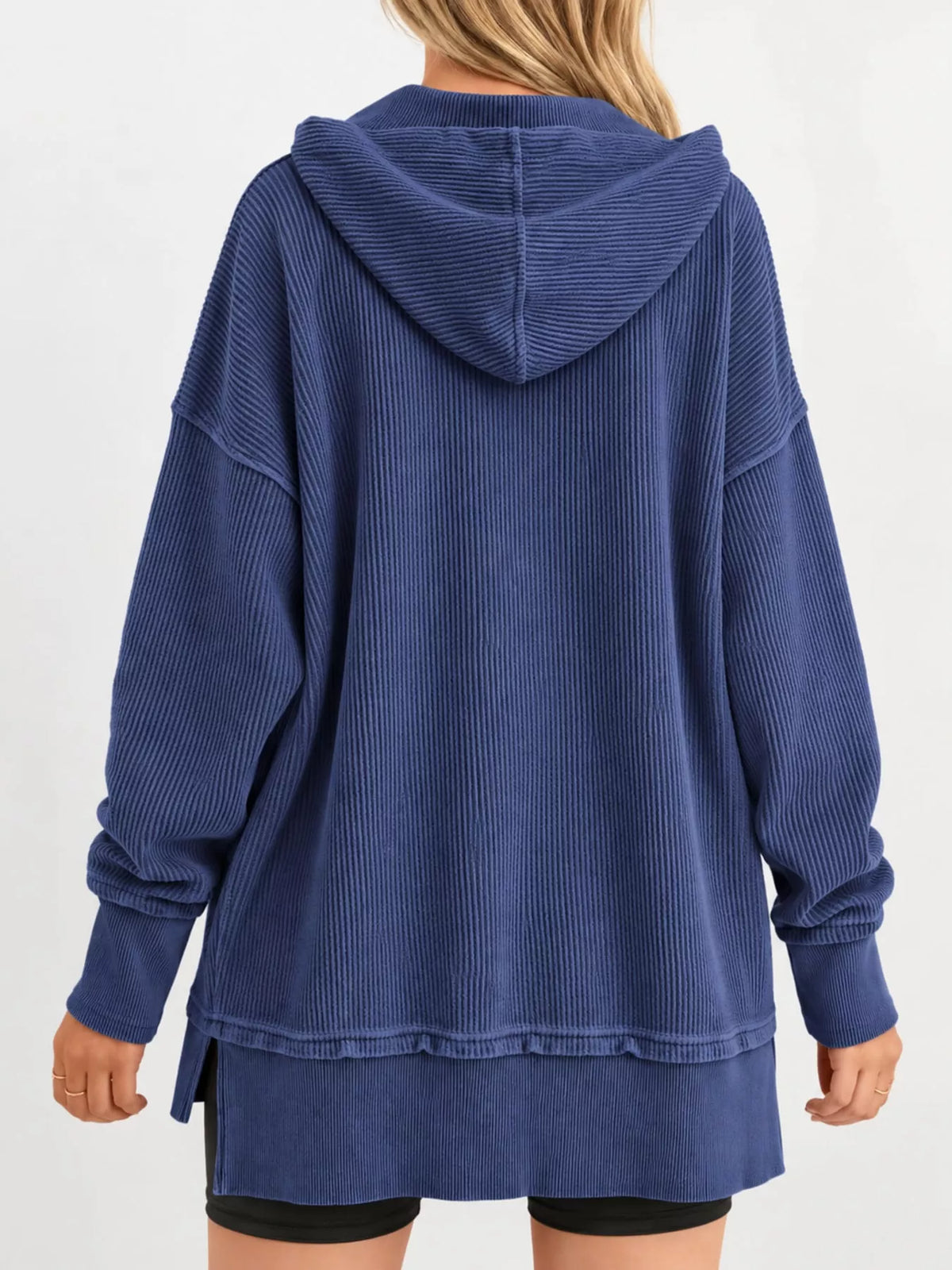 Women's Snap Button Placket Dropped Shoulder Hoodie in blue — back view