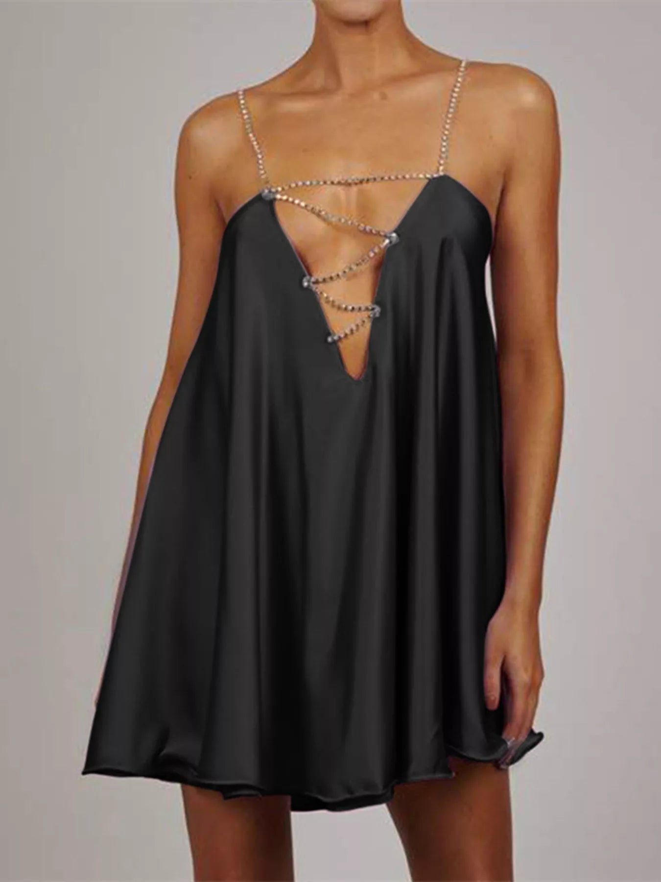 Trendsi Rhinestone Embellished Plunge Mini Dress -