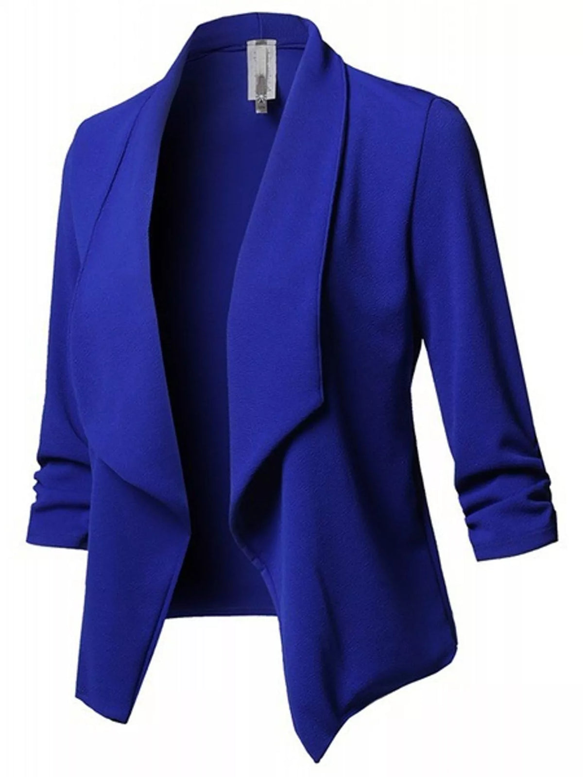 Blue open-front blazer with ruched 3/4 sleeves