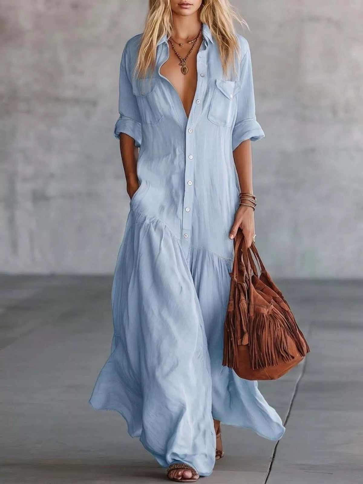 Light blue button-down maxi shirt dress with pockets — front view