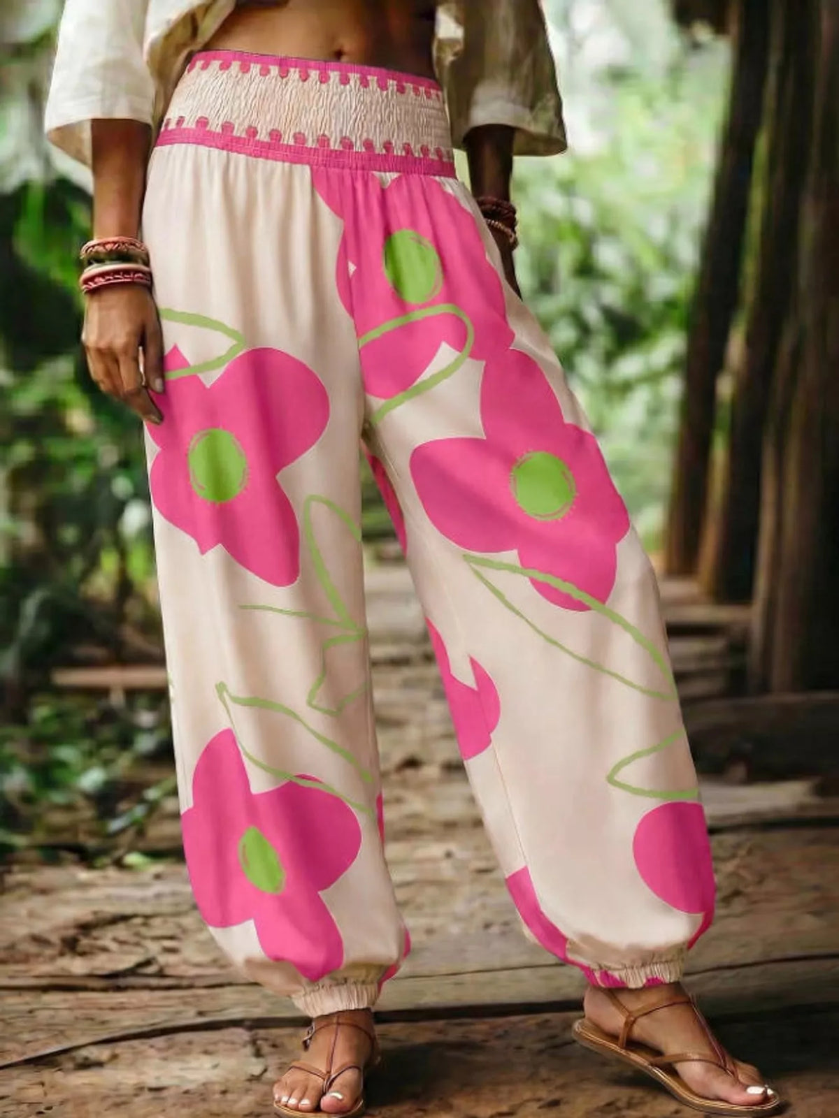 Pink floral print wide-leg pants