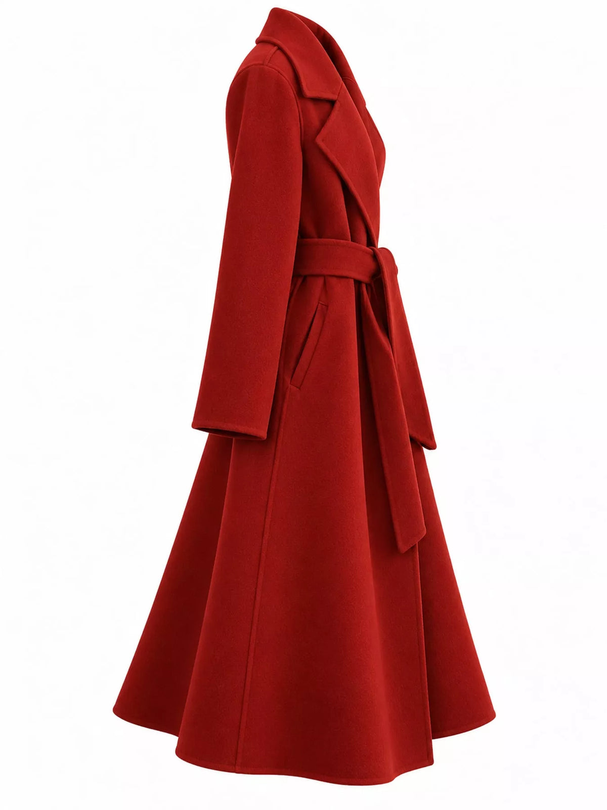 Red belted longline wool coat, side view