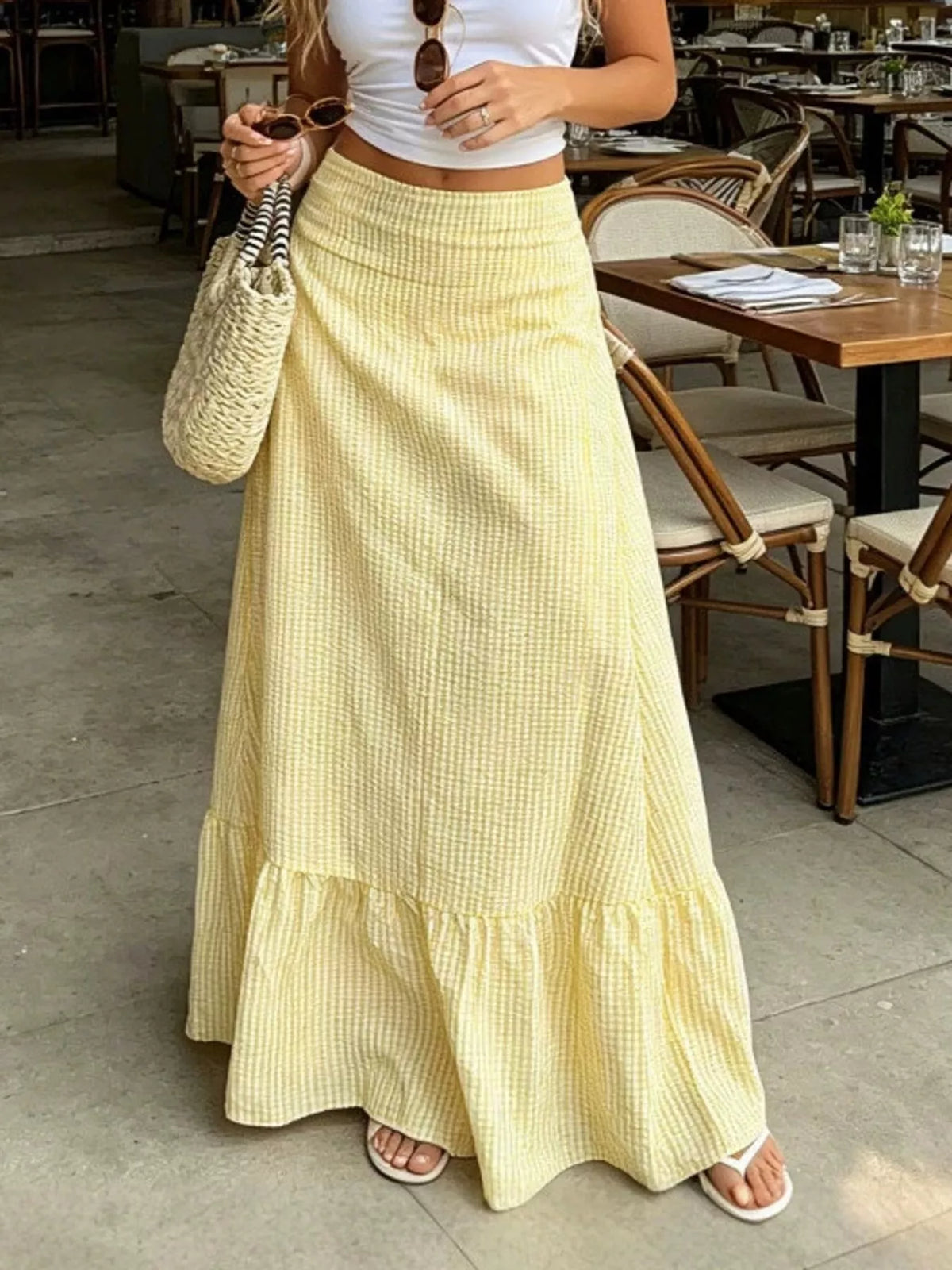Yellow gingham maxi skirt with ruffled hem