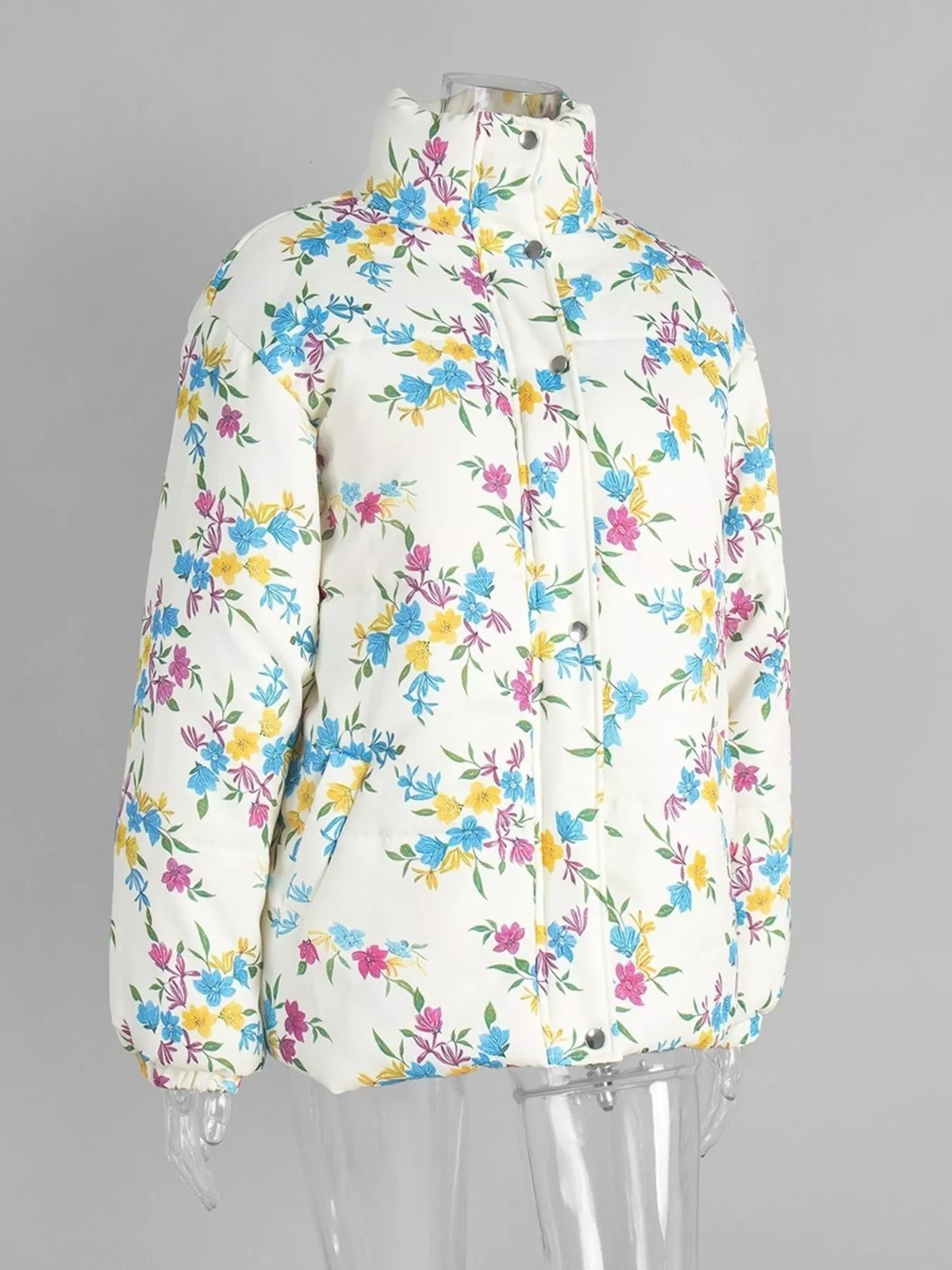 Floral Print Stand Collar Puffer Jacket, front view