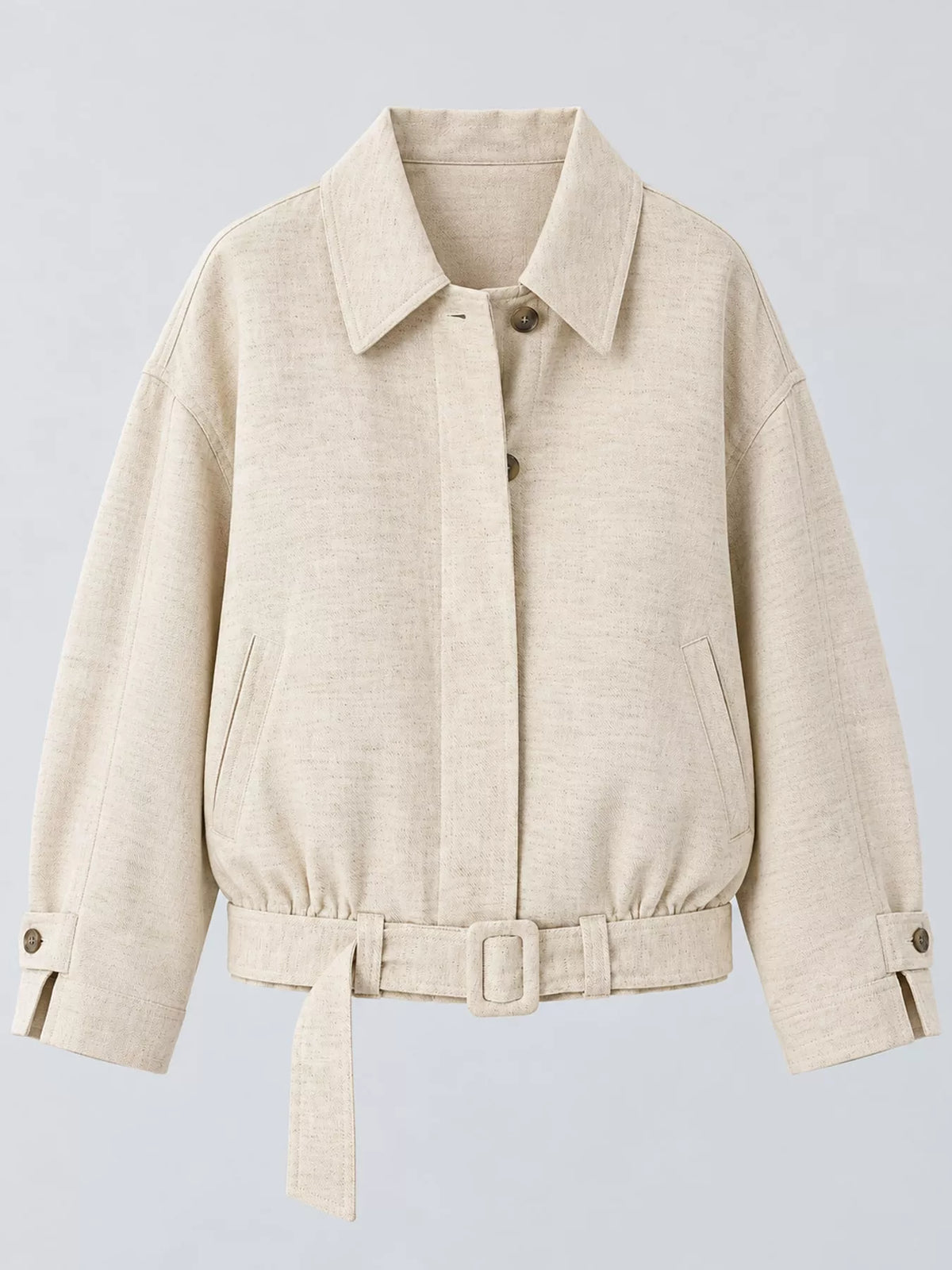 Cream belted dropped shoulder jacket — front view