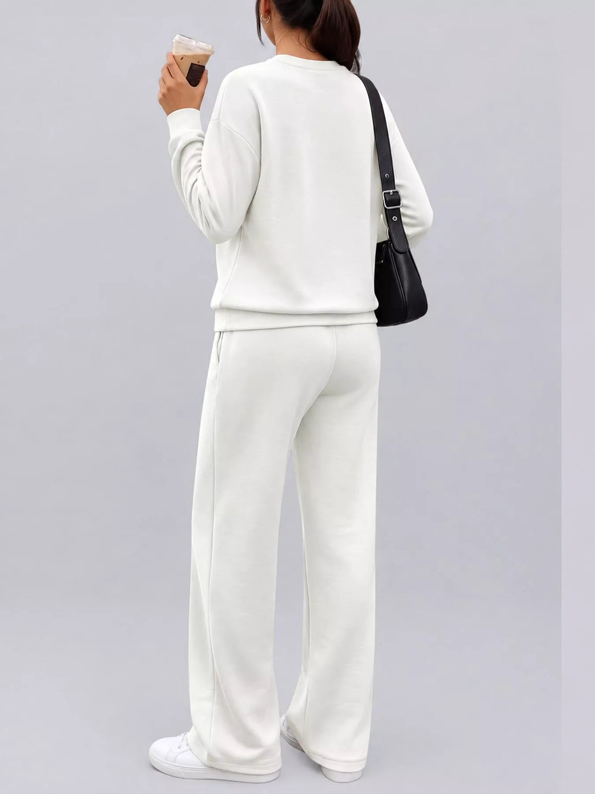 White button detail top and wide-leg pants set — back view