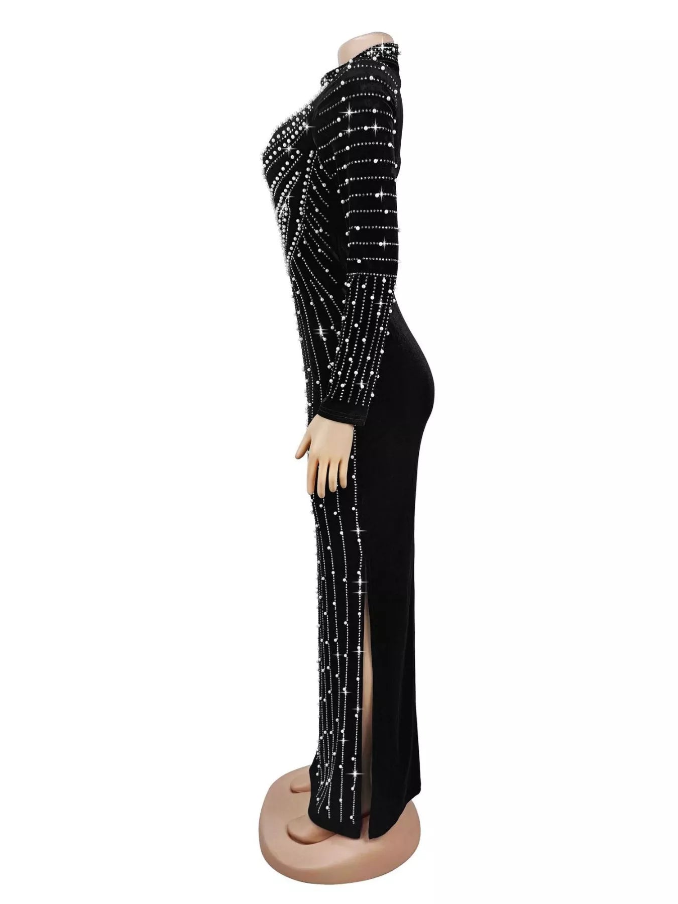 Trendsi Rhinestone Embellished Mock Neck Long Sleeve Maxi Dress -