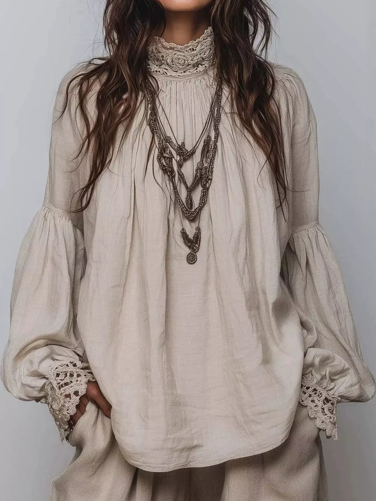 Oatmeal lace mock neck long sleeve blouse