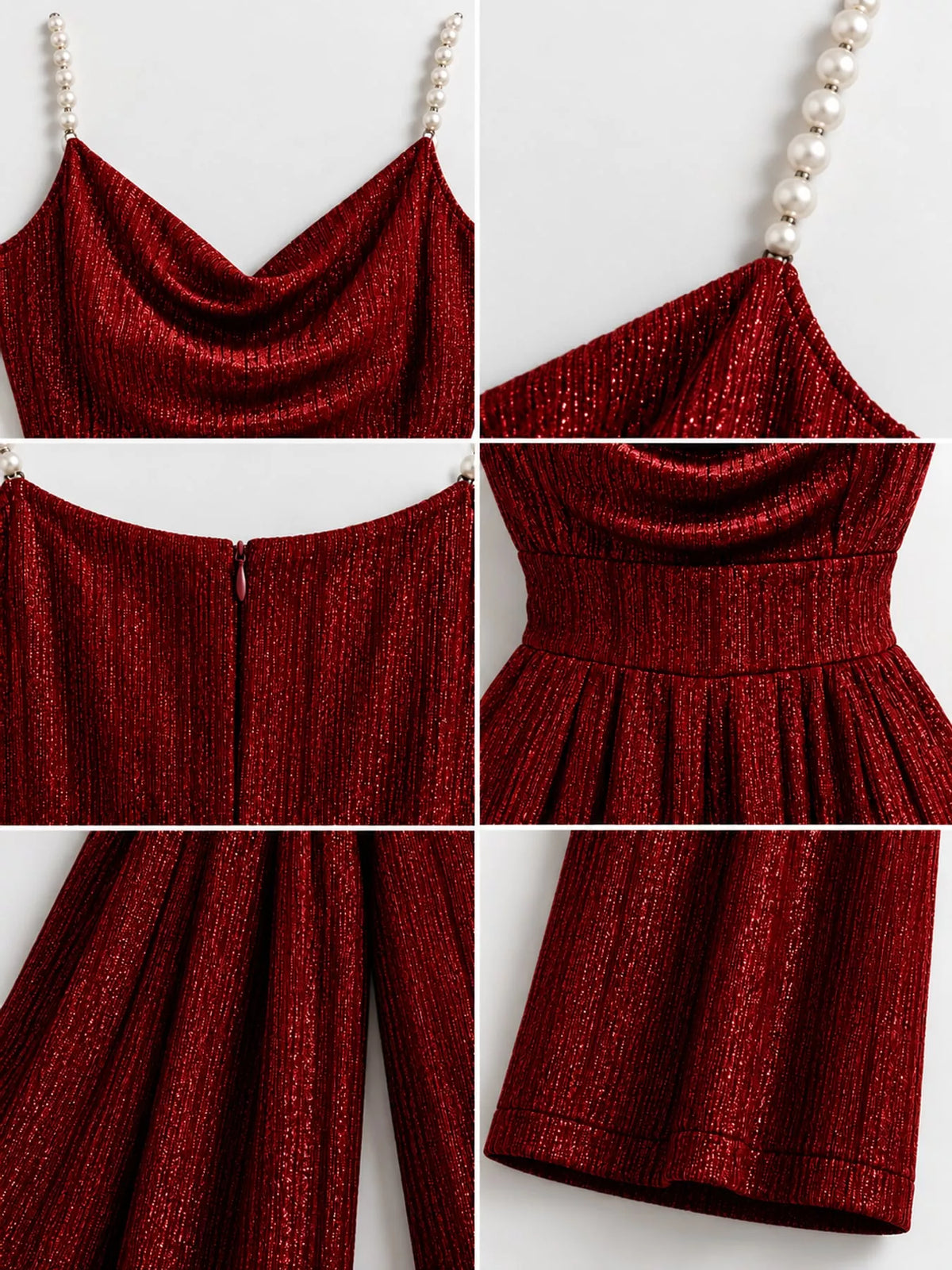 Metallic Wide-Leg Jumpsuit with Pearl Strap Detail, detail view in burgundy