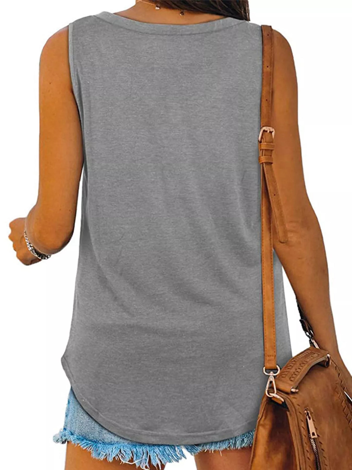 Gray v-neck loose fit tank top, back view