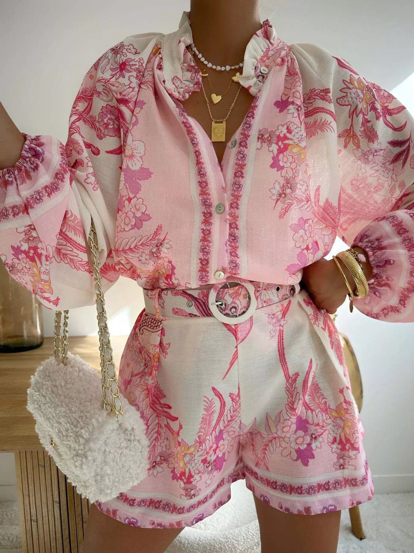 Trendsi Floral Print Button-Down Shirt and Belted Shorts Two-Piece Set -