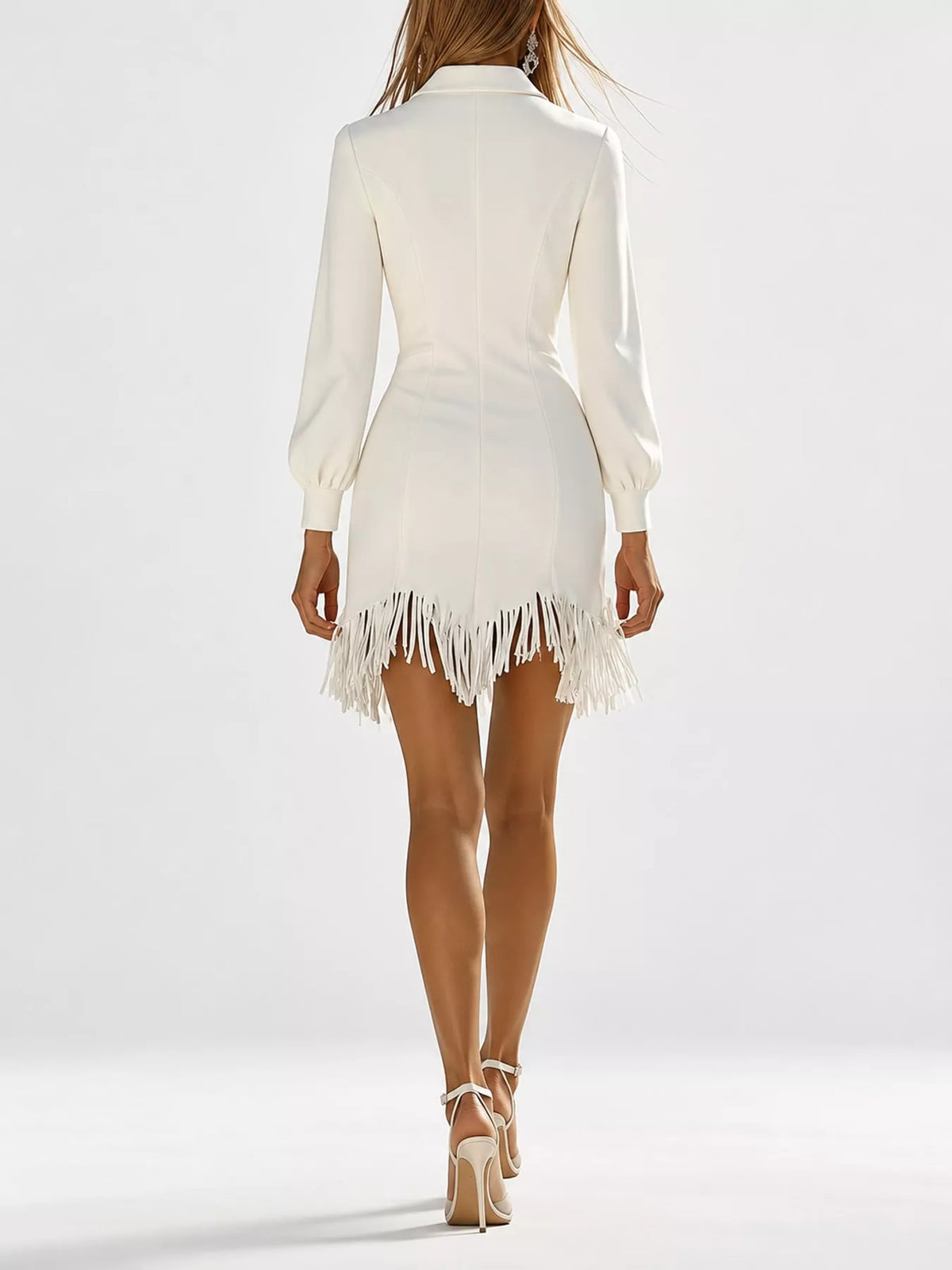 White zip front long sleeve fringe mini dress, back view