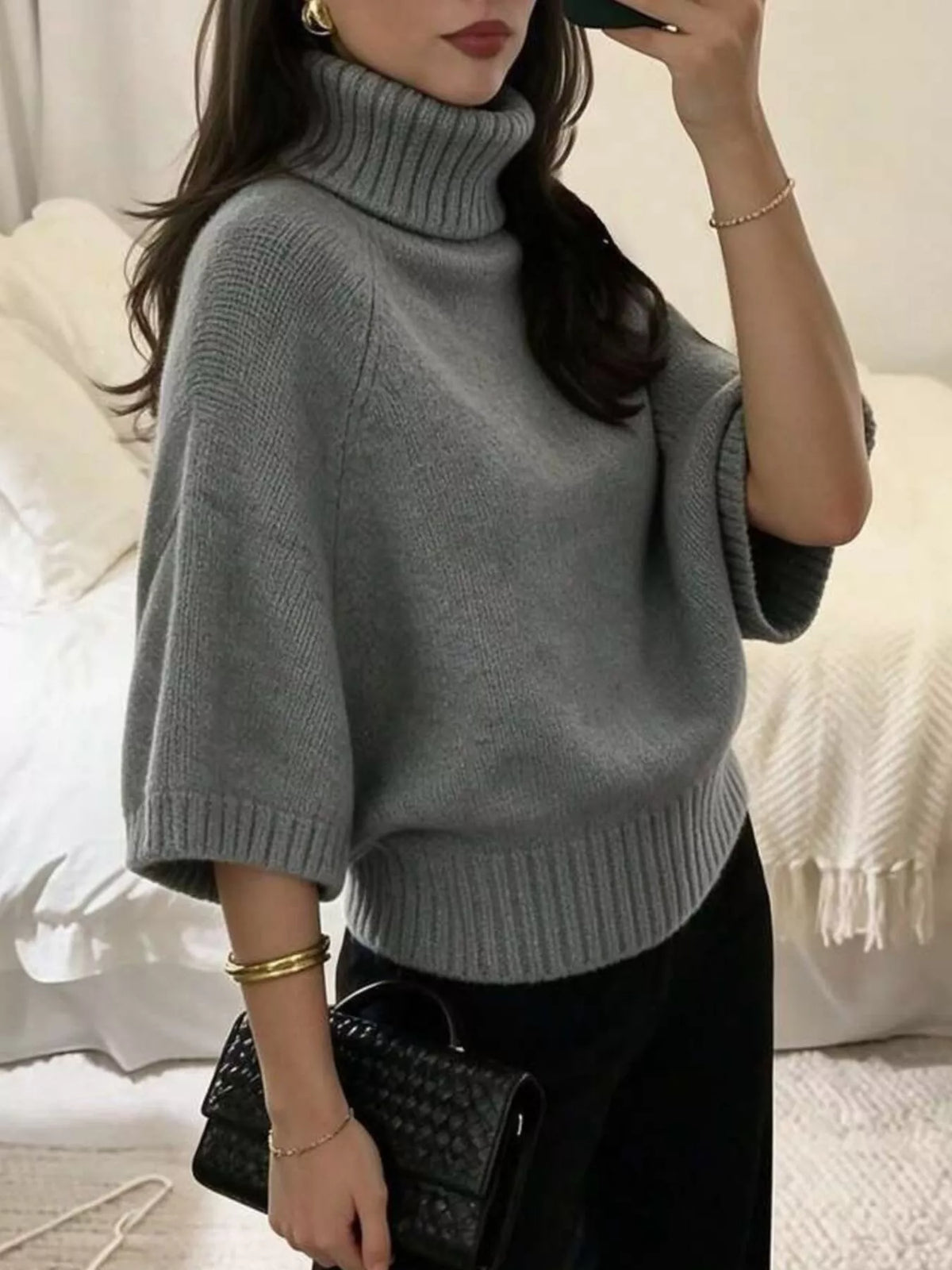 Turtleneck batwing top, gray side