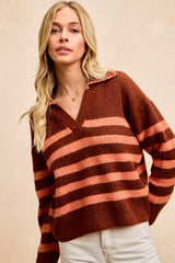 Trendsi BiBi Striped Sweater Top with Collar Stitched Details -