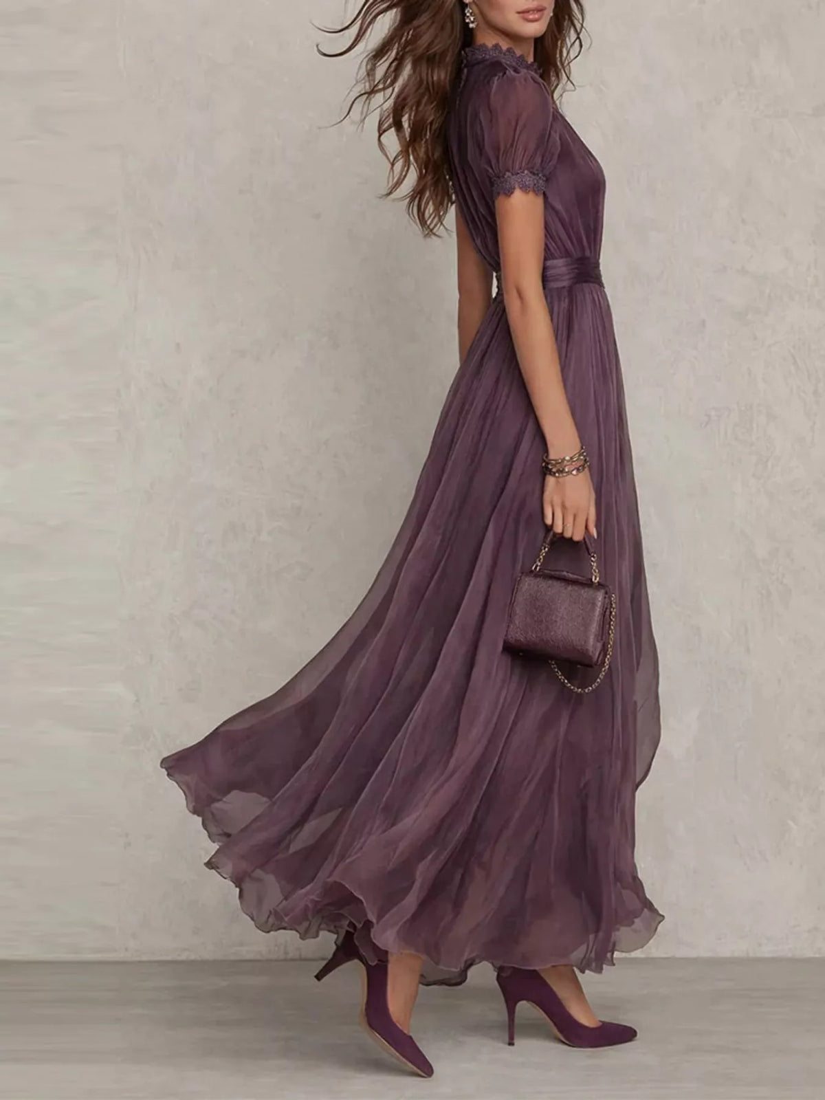 Lace Puff Sleeve Maxi Dress in purple, side view