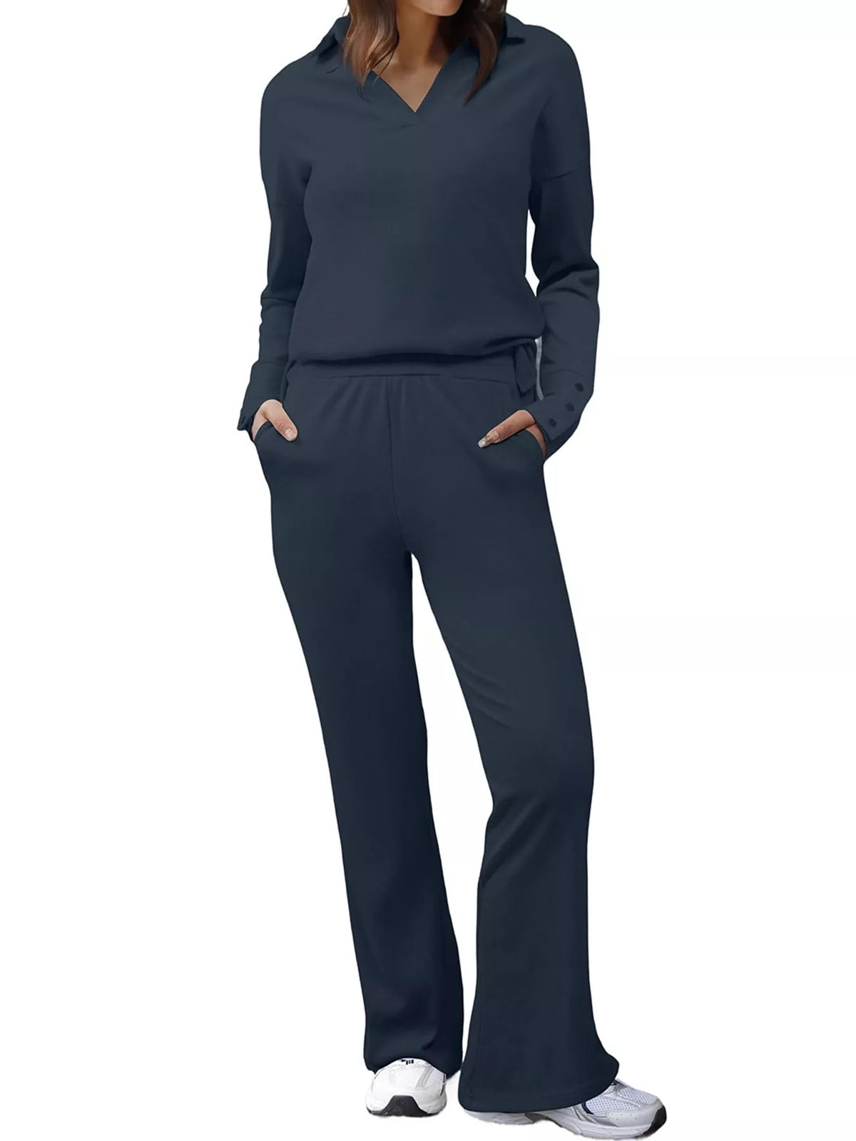 Long Sleeve Polo Collar Top and Pants Set — front view
