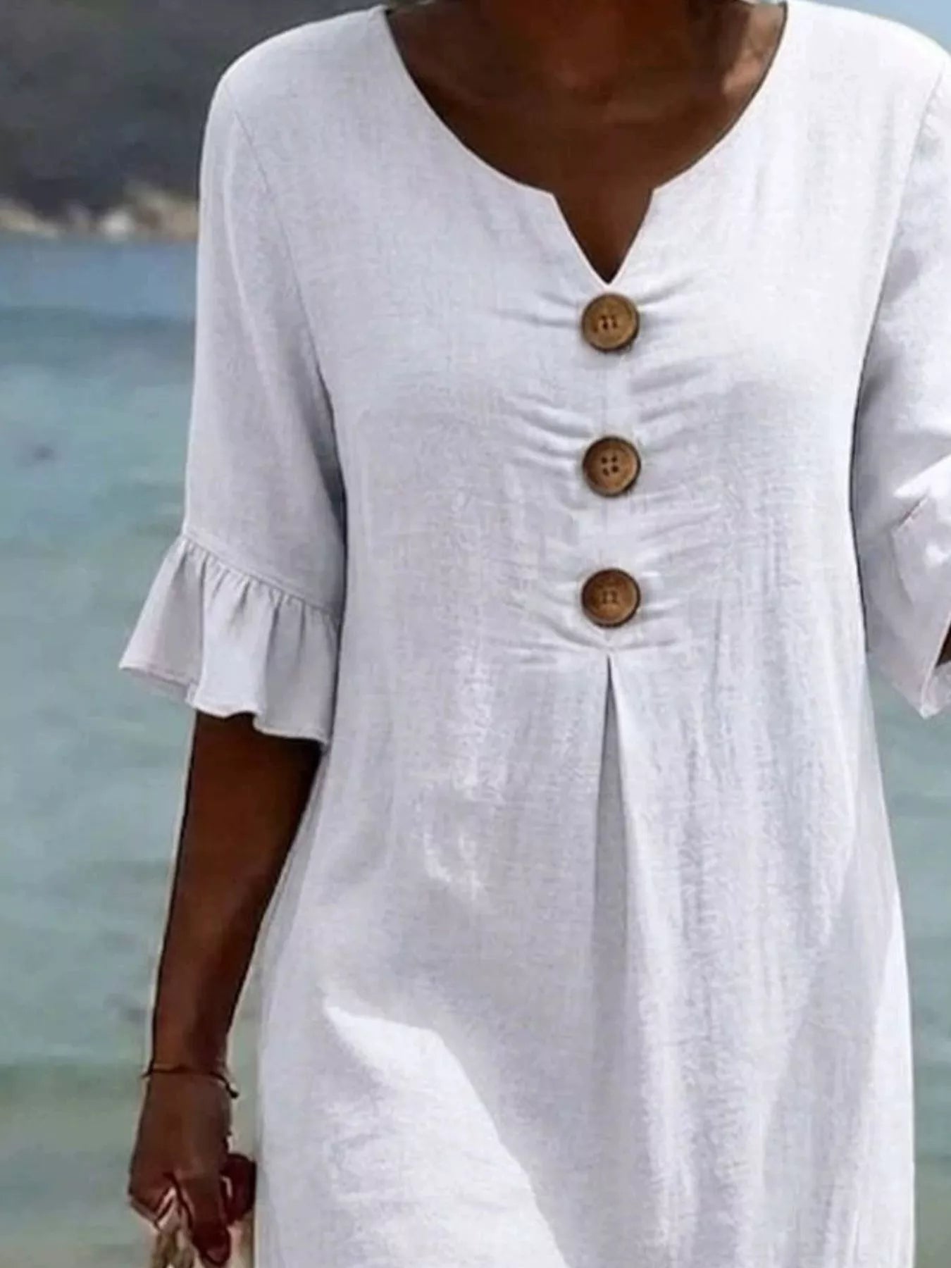Trendsi Full Size Casual Decor Button Dress with Ruffle Sleeves Plus Size -