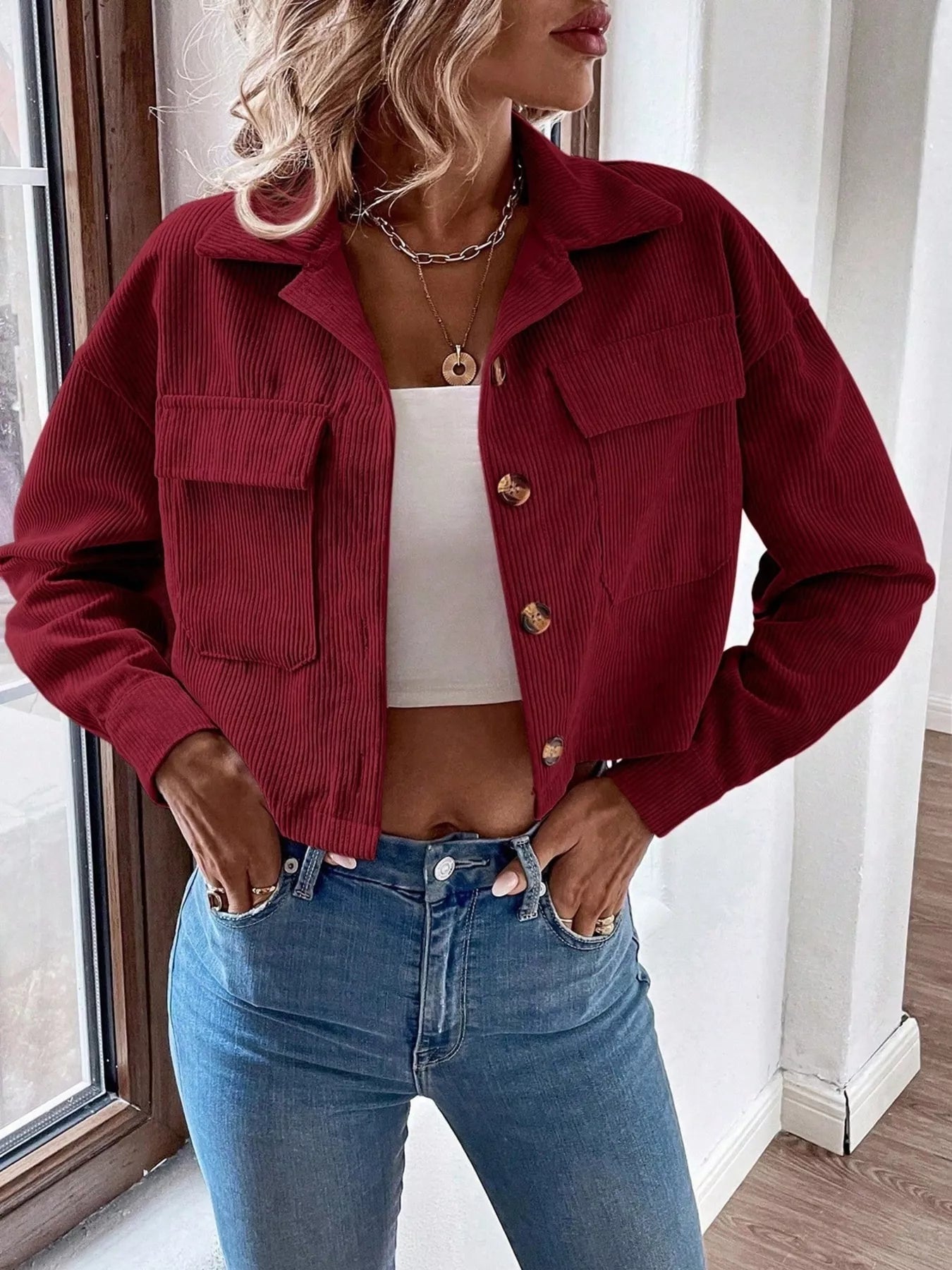 Trendsi Cropped Corduroy Button-Down Jacket -