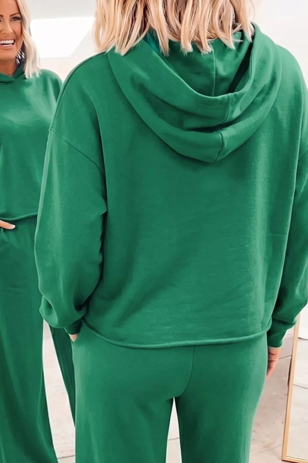 Green hooded top and wide-leg pants set, hood detail
