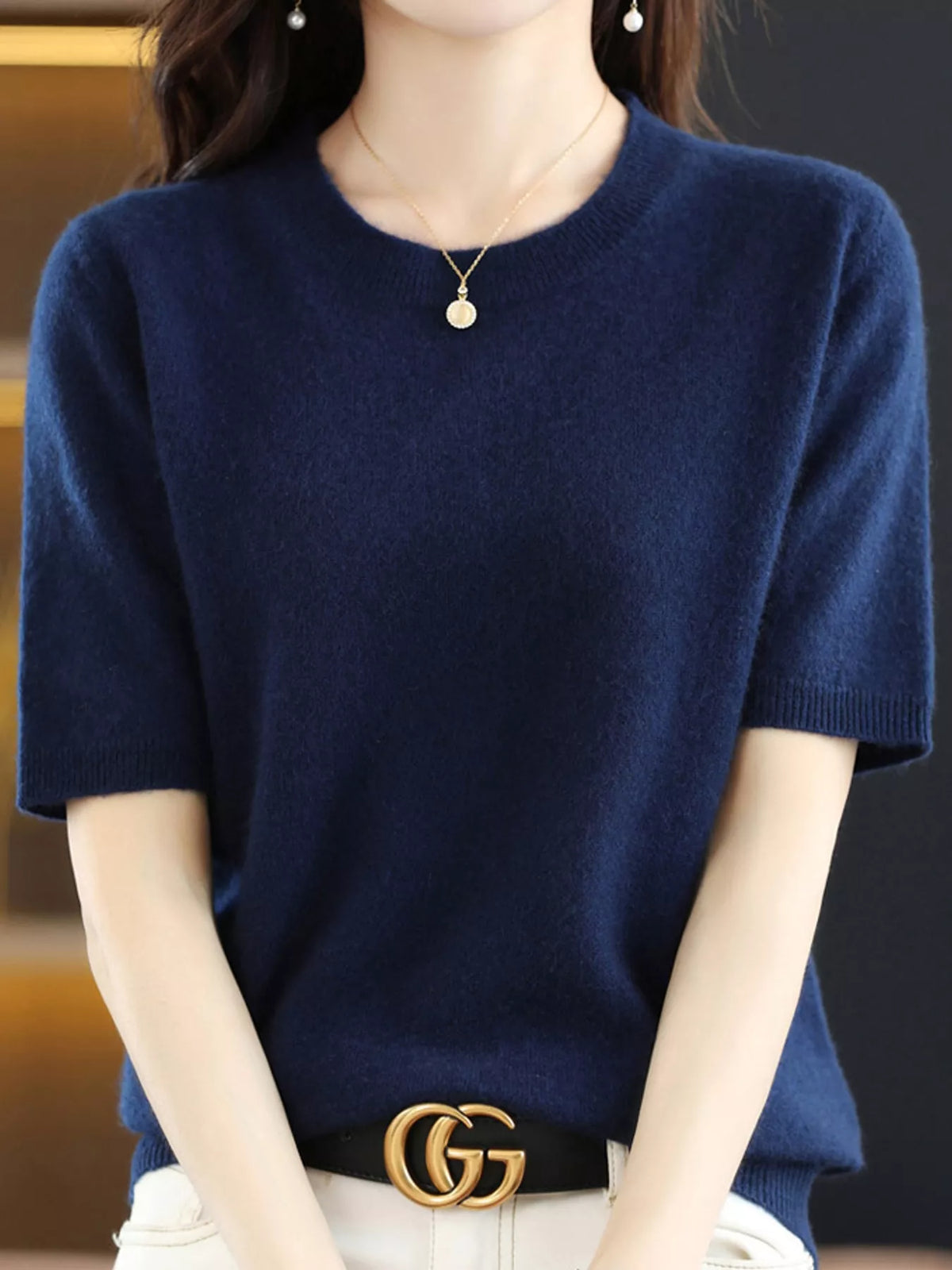 Seaweed Blue round neck short-sleeve sweater
